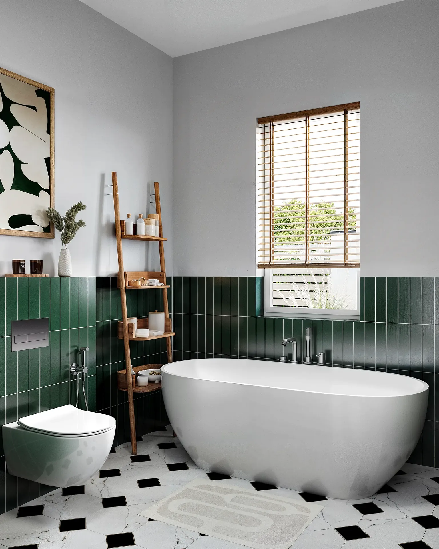Vue en angle d'une baignoire, d'une installation de toilettes et d'un support de rangement.