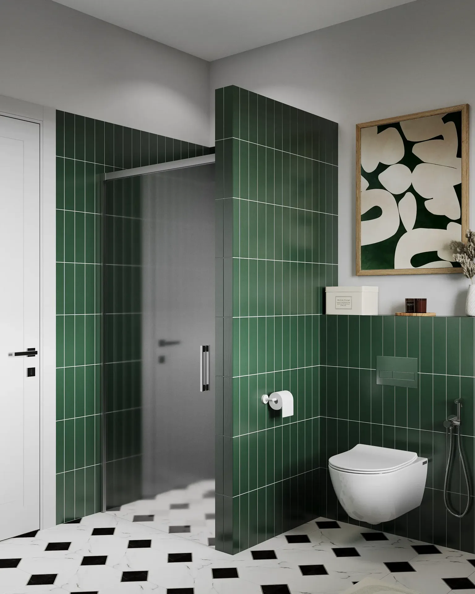 Vue d'une installation de toilettes et d'une cabine de douche.