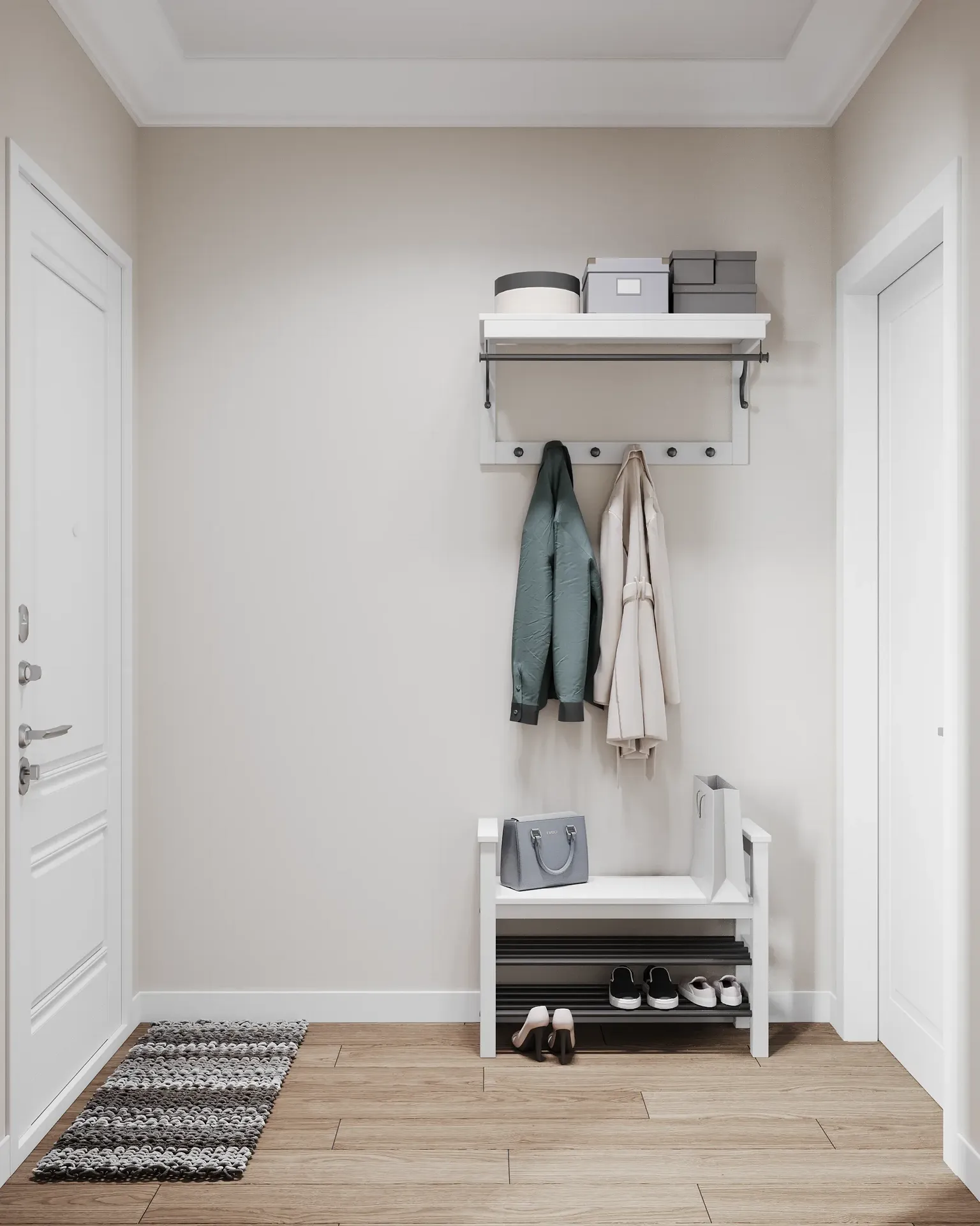 Vue de face d'une étagère à chaussures, de patères et d'une étagère de rangement supérieure.