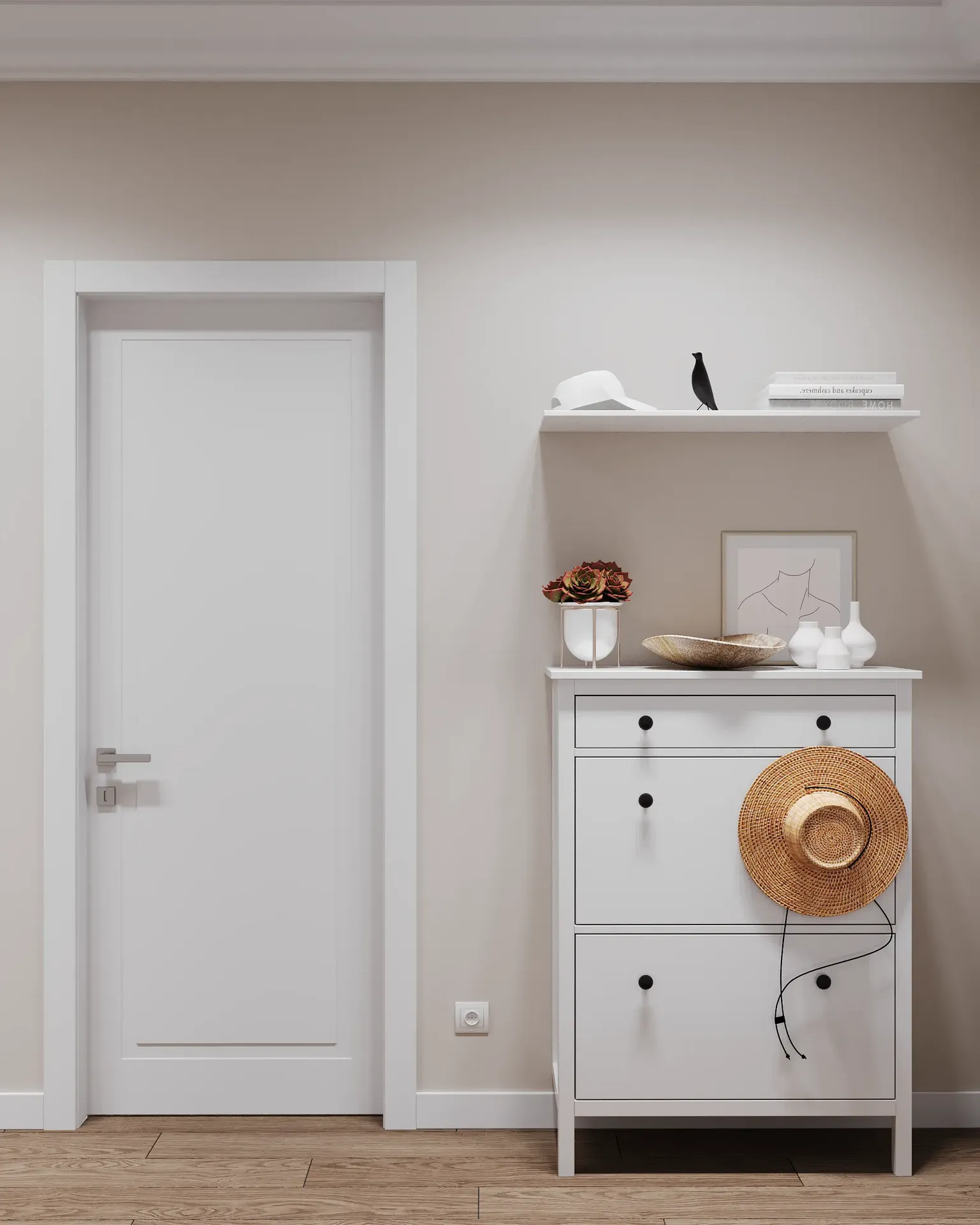 Vue de face d'une commode de couloir.
