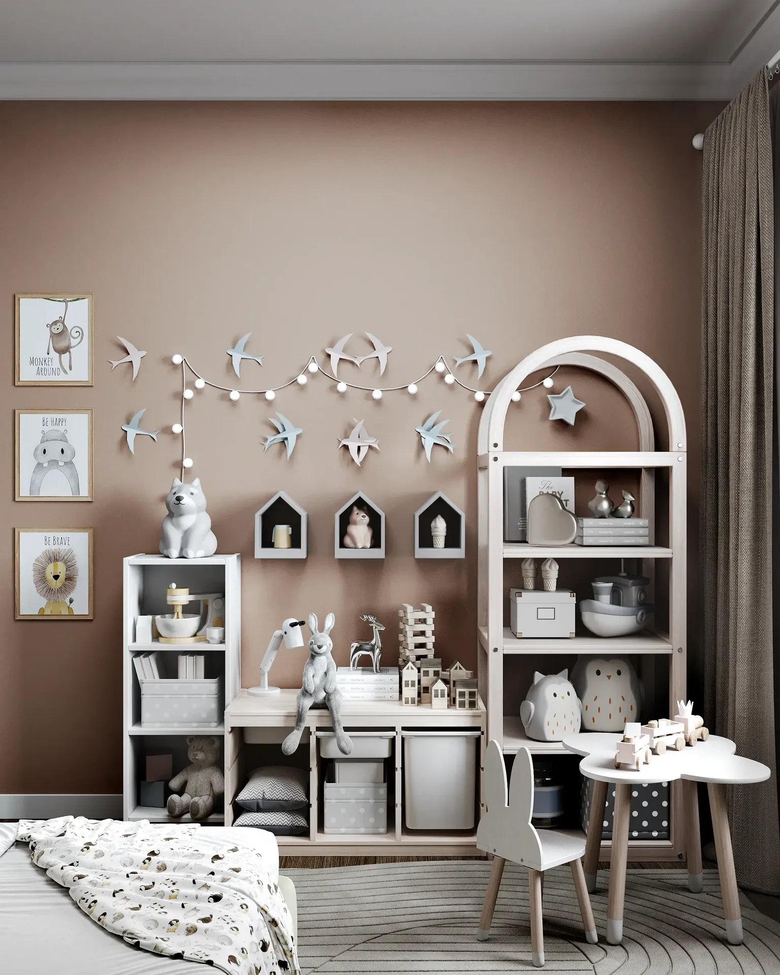 Rangement dans la chambre des enfants avec un porte-jouets, des livres et une table à dessin.