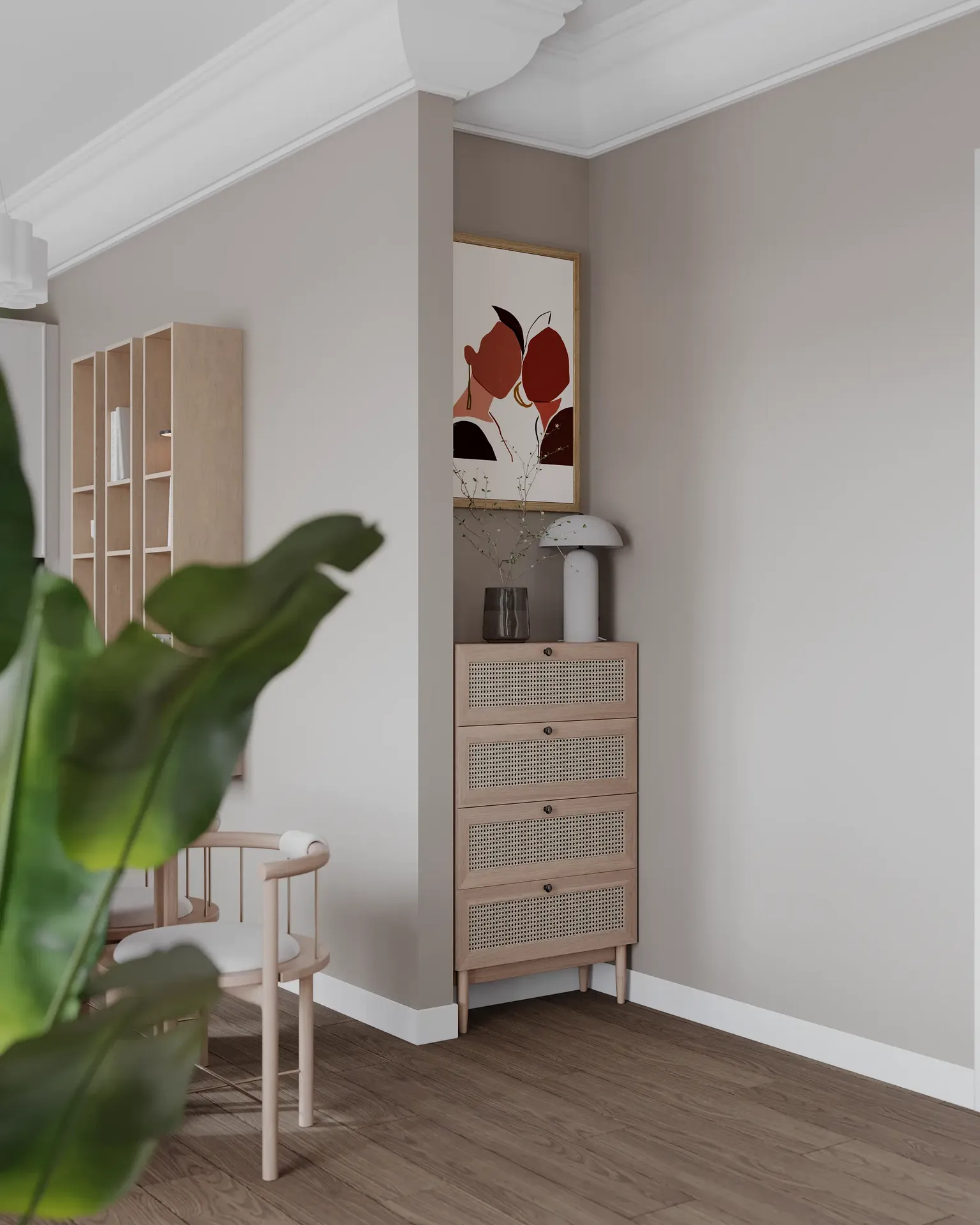 Niche de cuisine comportant une commode et des objets de décoration.