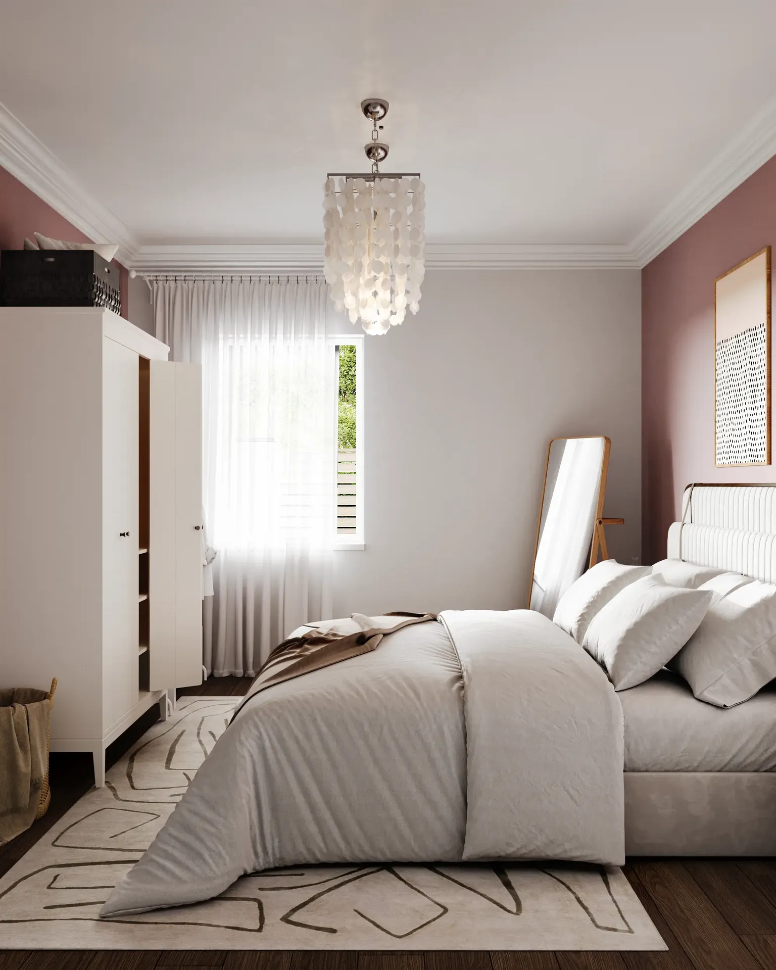 Vue générale de la chambre depuis l'entrée montrant le lit et l'armoire.