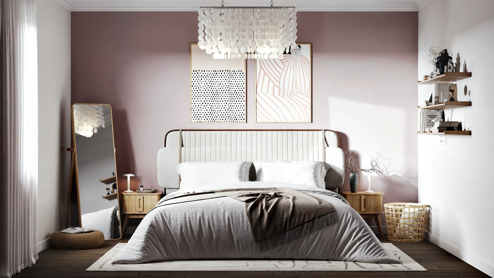 Vue de face d'un lit avec tables de chevet, étagères, miroir et pouf.