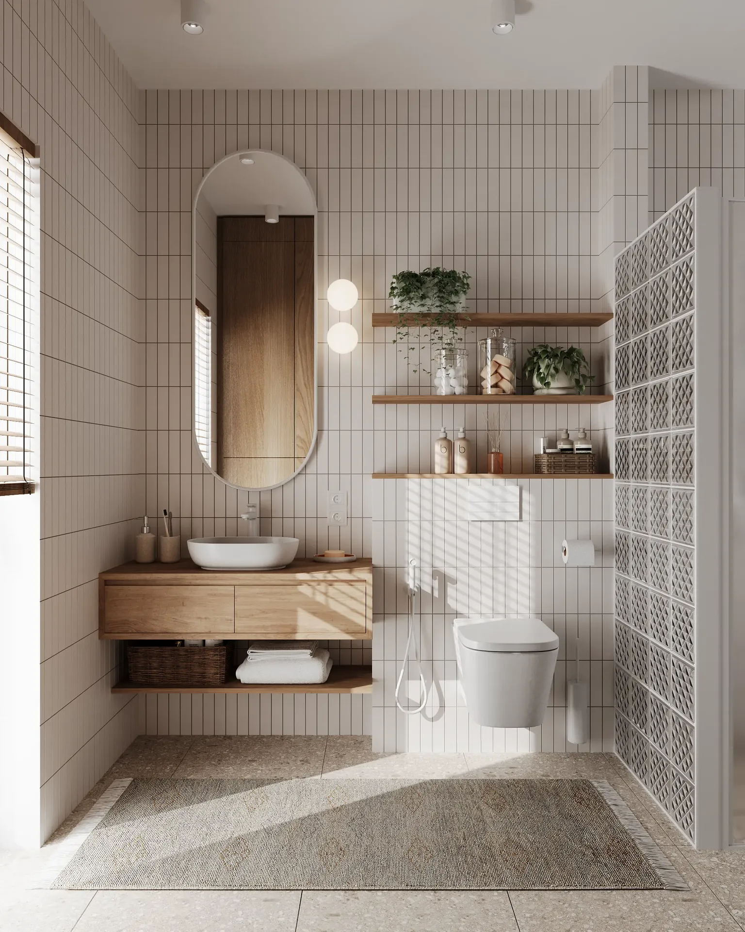 Installation de toilettes avec étagères, meuble vasque, miroir et applique.