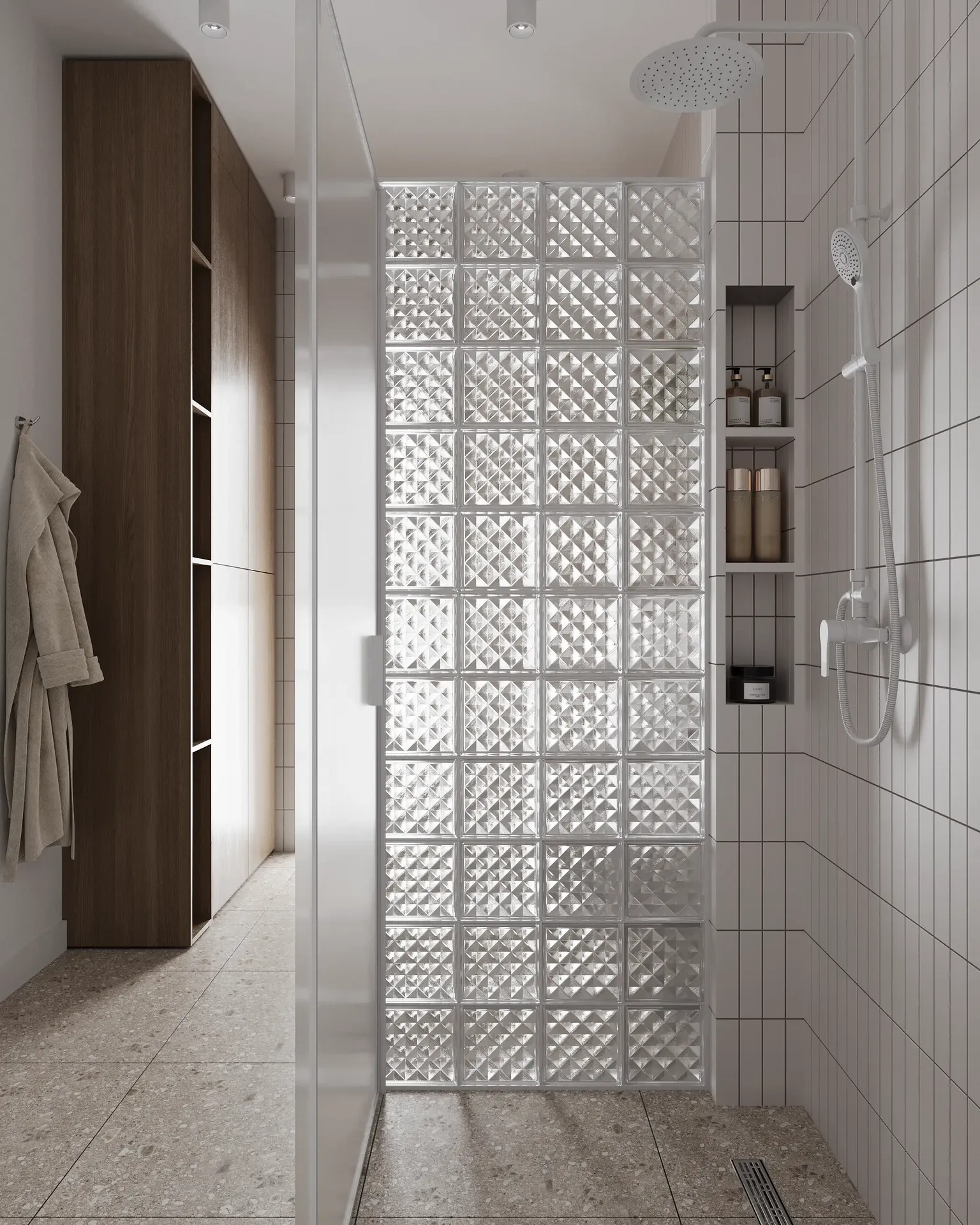 Vue sur la douche avec étagères à cosmétiques, fenêtre et armoire de rangement.