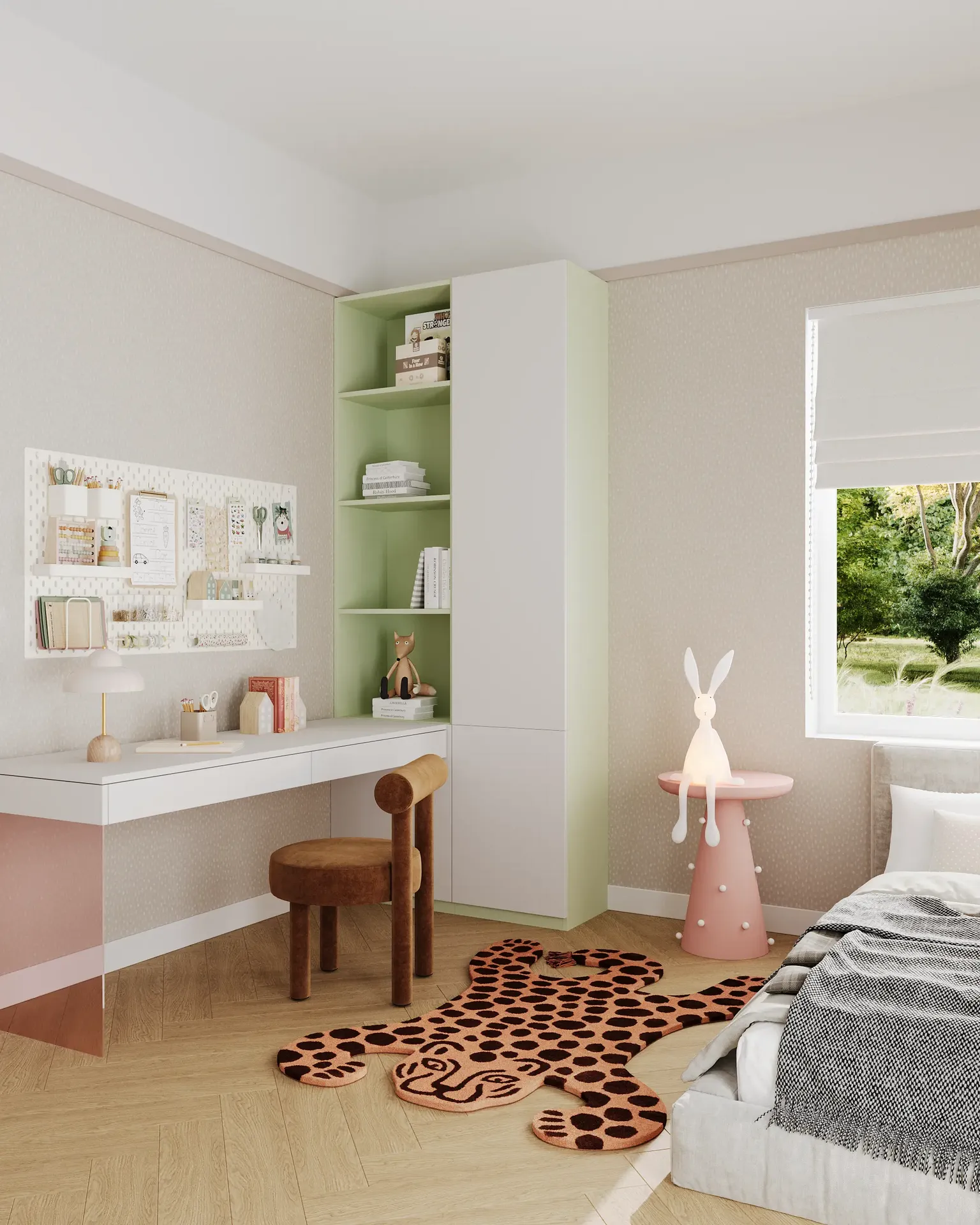 Espace de travail pour chambre d'adolescent avec bureau, étagères et petite table.
