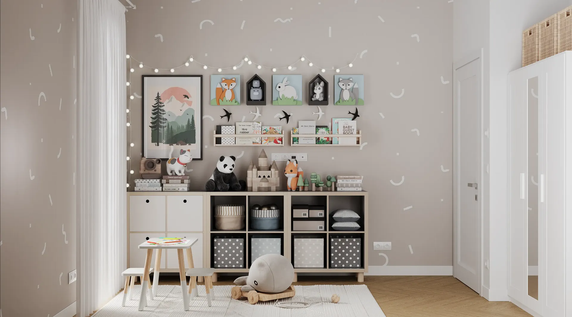 Système de rangement pour enfants avec tiroirs à jouets et table à dessin.