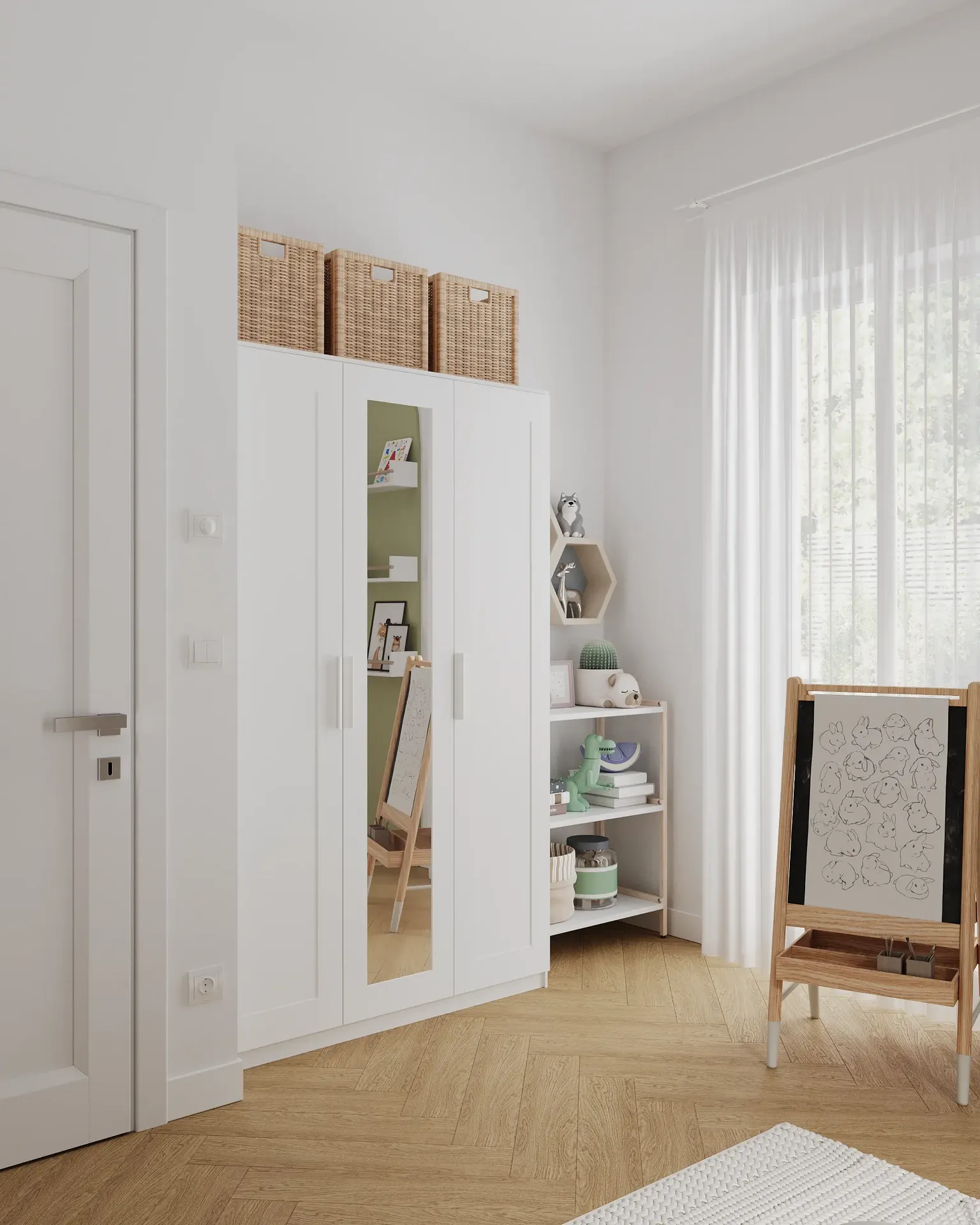 Vue en angle d'une armoire, d'un porte-jouets et d'un chevalet dans une chambre d'enfant.
