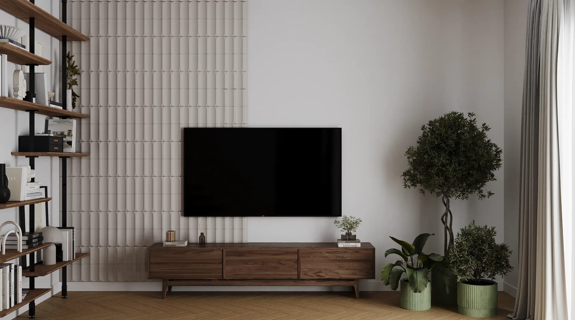 Vue de face d'une zone TV avec une unité multimédia, des plantes et des étagères partielles.