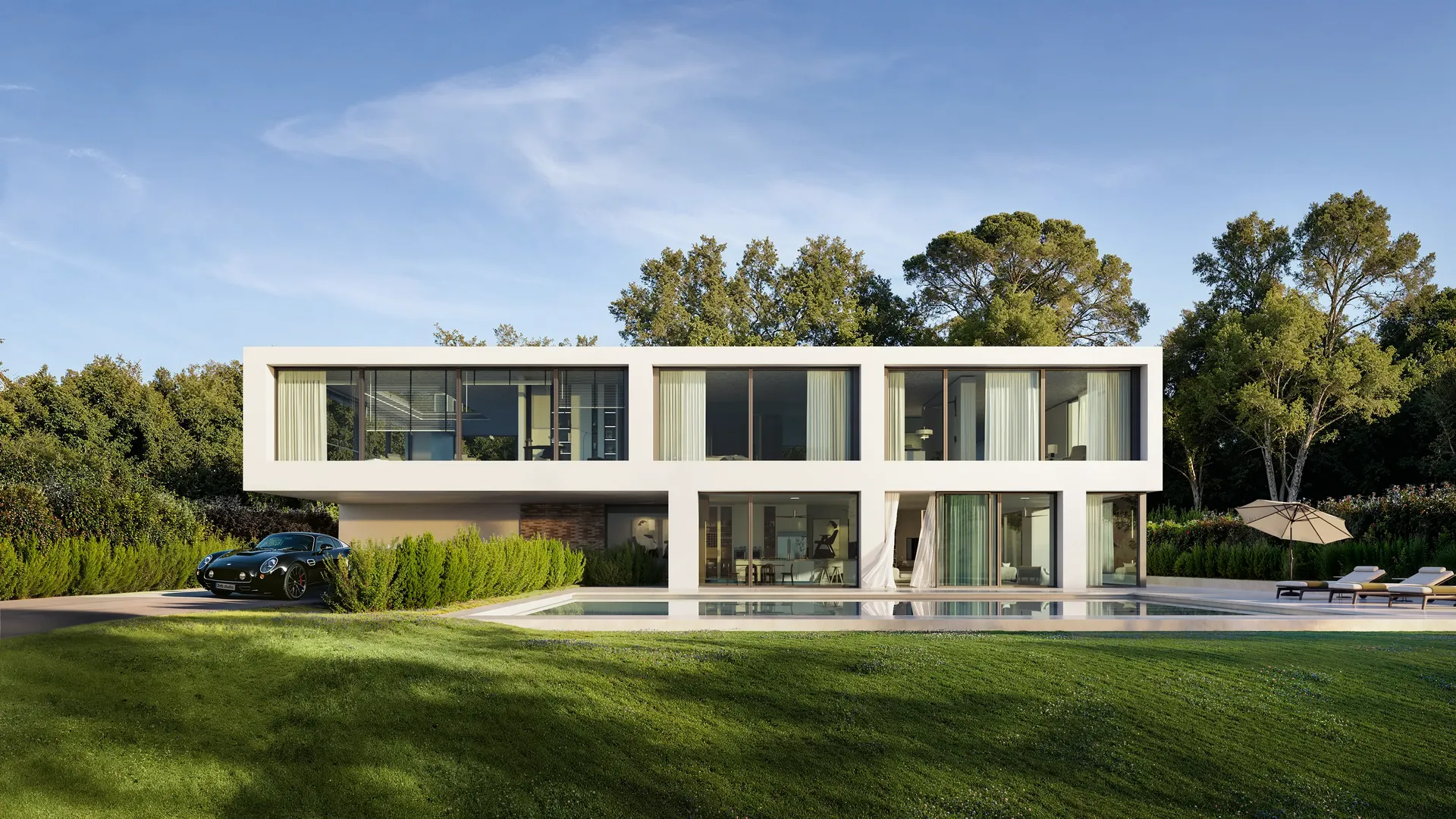 Vista de día soleado de una villa moderna de dos pisos con piscina y área de estacionamiento.