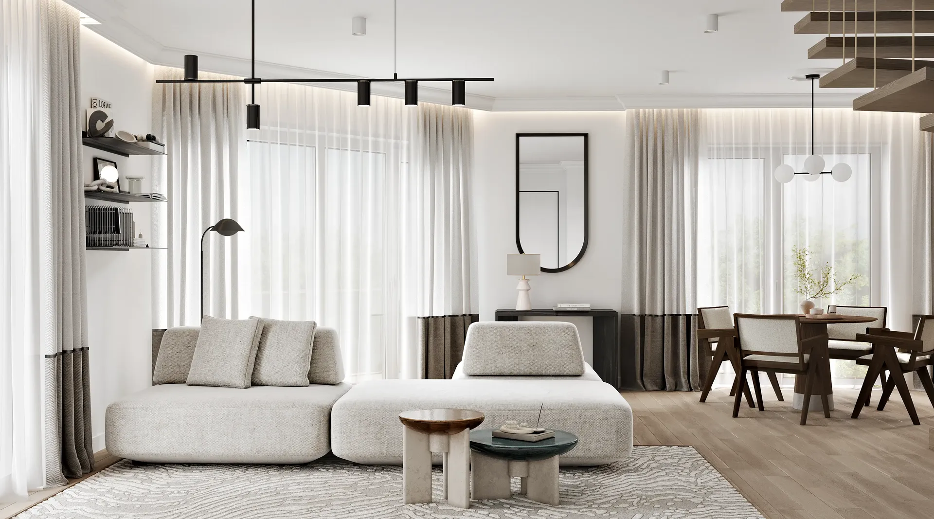 Nahaufnahme einer modernen Sofagruppe mit weichen Kissen in einem hellen Wohnzimmer.
