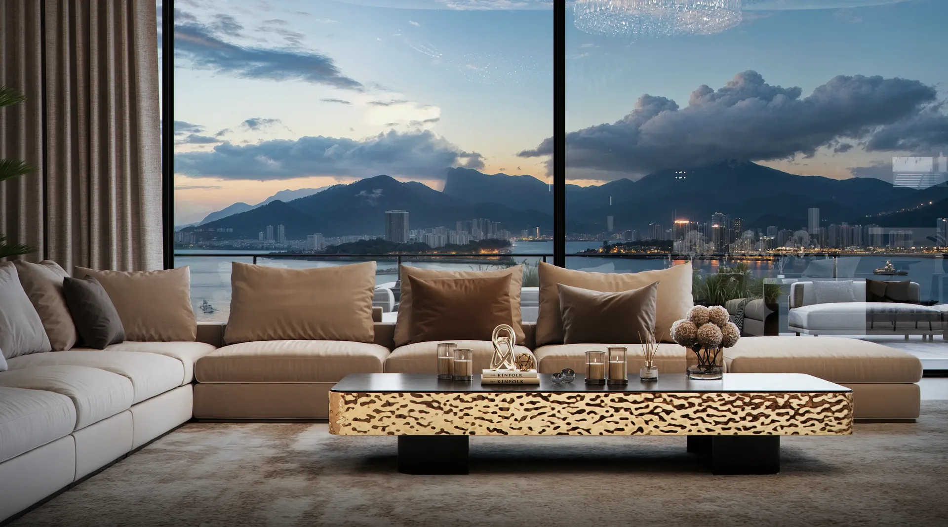 Conjunto de sofás moderno y minimalista con una mesa de centro baja, frente al cálido resplandor de una espectacular puesta de sol.