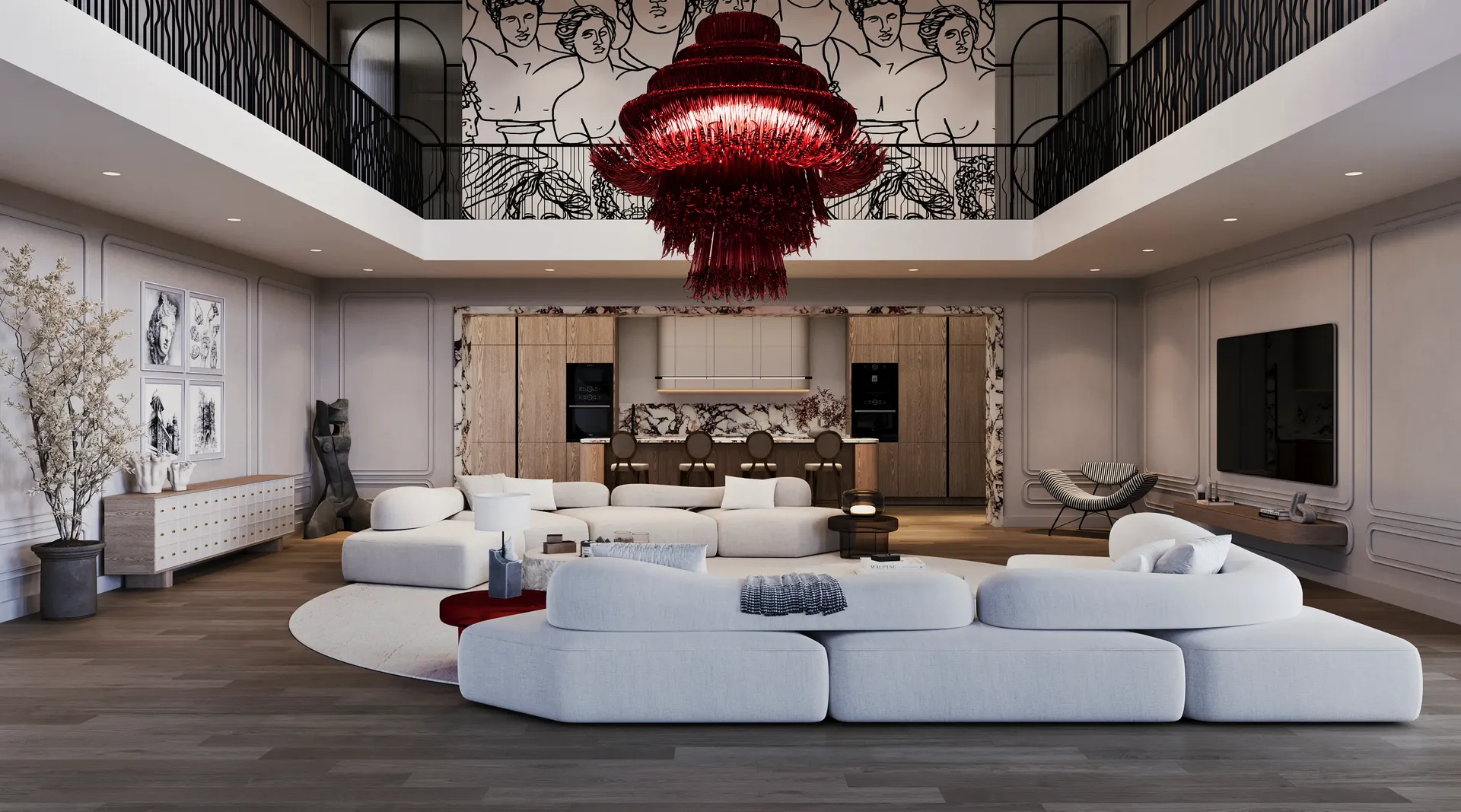 Weitläufiger Blick auf das moderne Wohnzimmer und die Küche mit nahtlosen Marmordetails und elegantem Design.