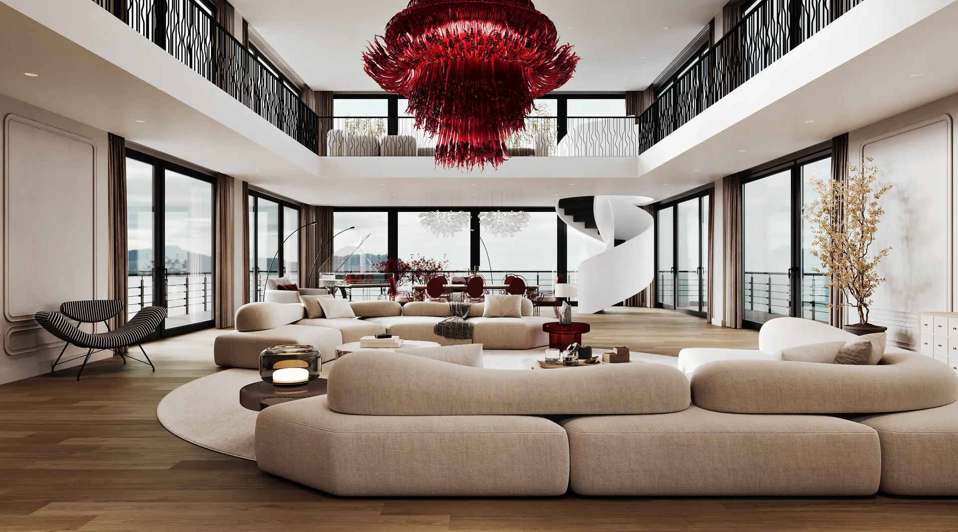 Modernes Wohnzimmer mit einer weichen Sofagruppe und einer markanten Treppe, die in die zweite Etage führt.