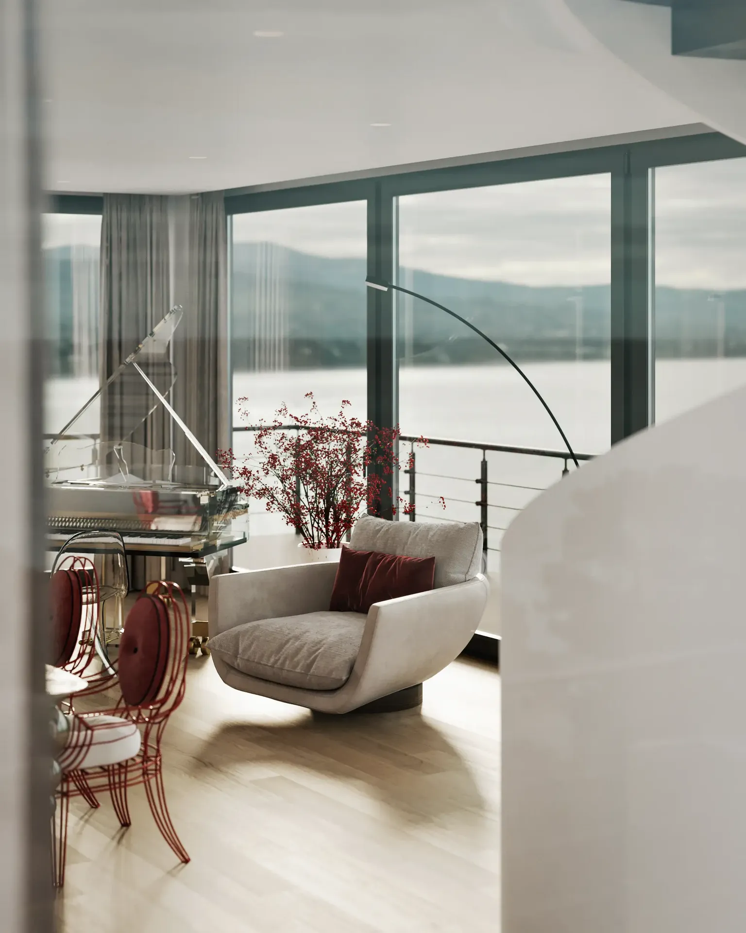 Acogedor rincón de lectura moderno con un elegante sillón bañado por luz natural a través de un gran ventanal.