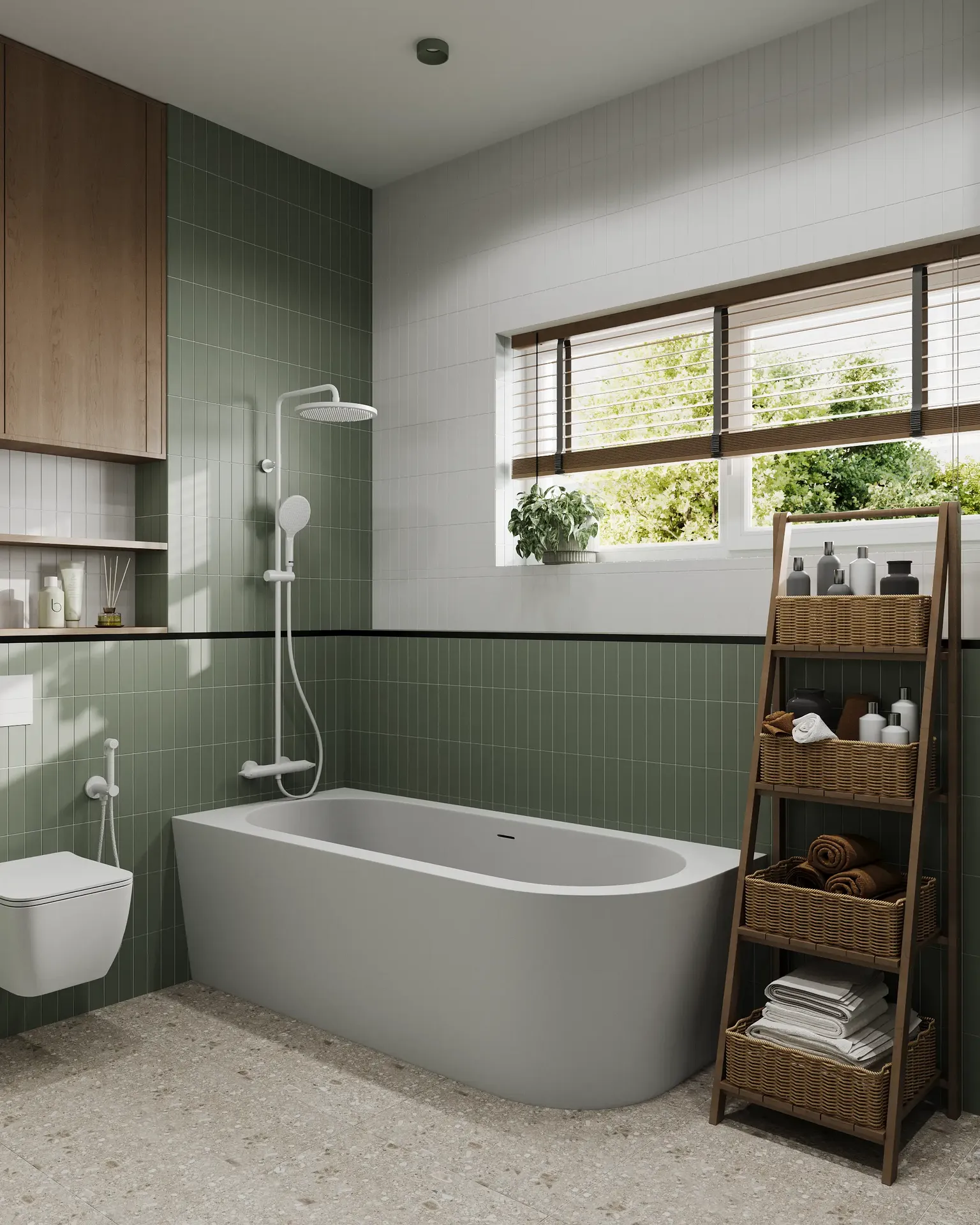 Vue en angle d'une salle de bains avec étagère de rangement, fenêtre et toilettes.