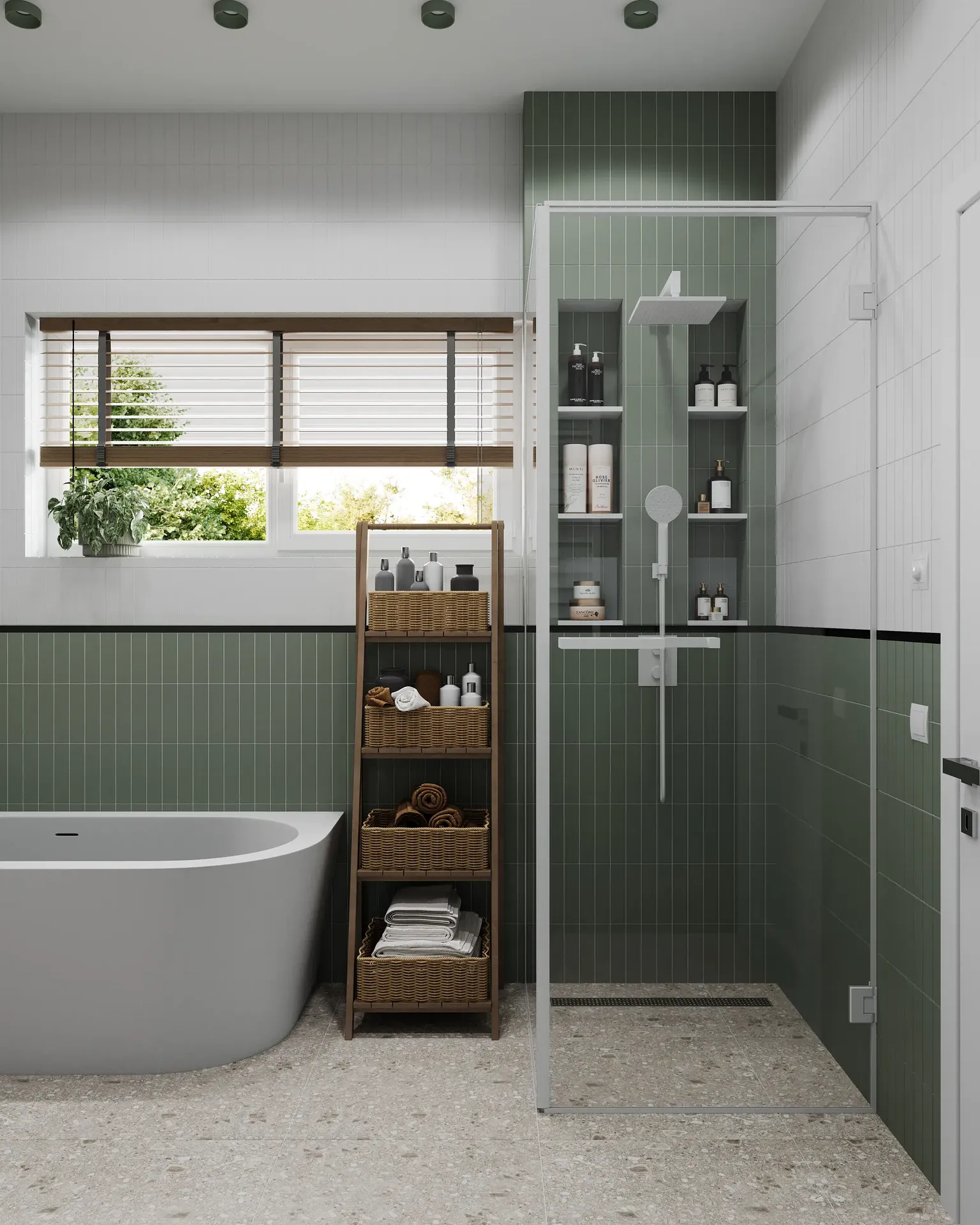 Cabine de douche avec étagères intégrées, partie de la baignoire et support.