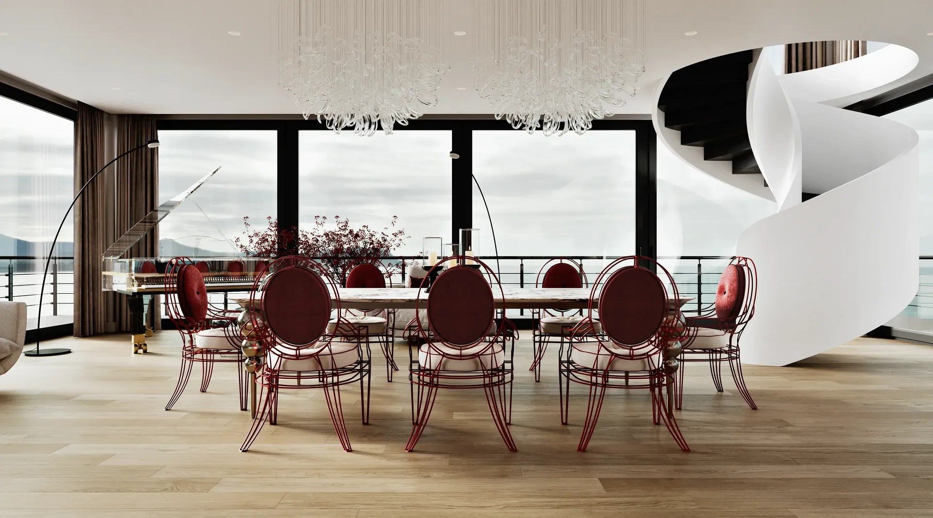 Elegante comedor con piano de cola y vista a la moderna escalera al segundo nivel.
