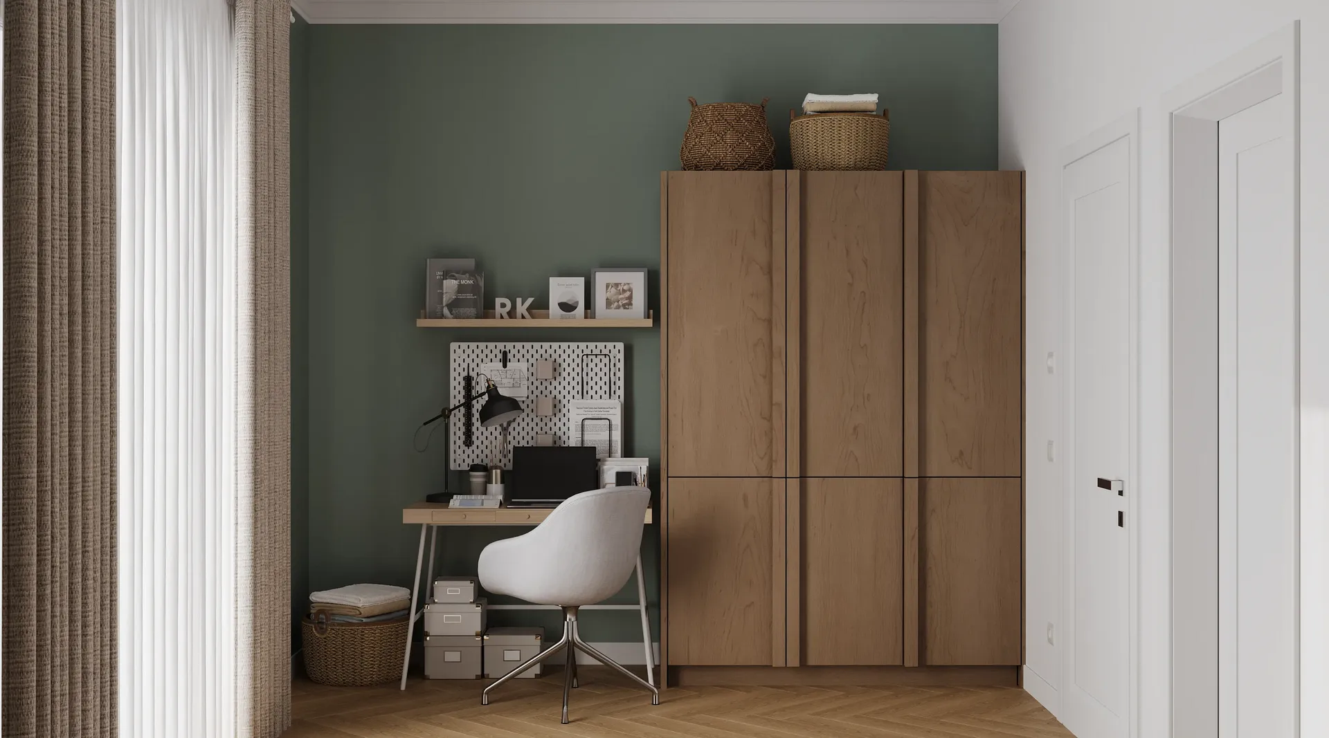 Vue de face d'un bureau et d'une armoire d'espace de travail.