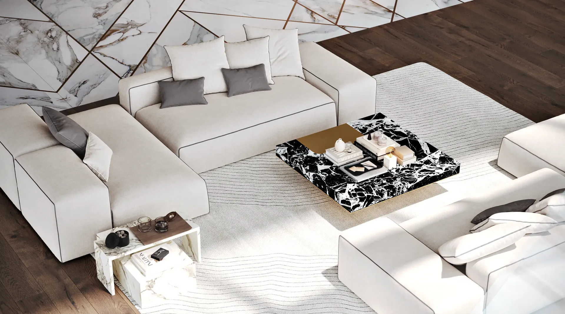 Blick von oben auf eine luxuriöse Sofaanordnung im Wohnzimmer in einem neoklassizistischen Interieur.