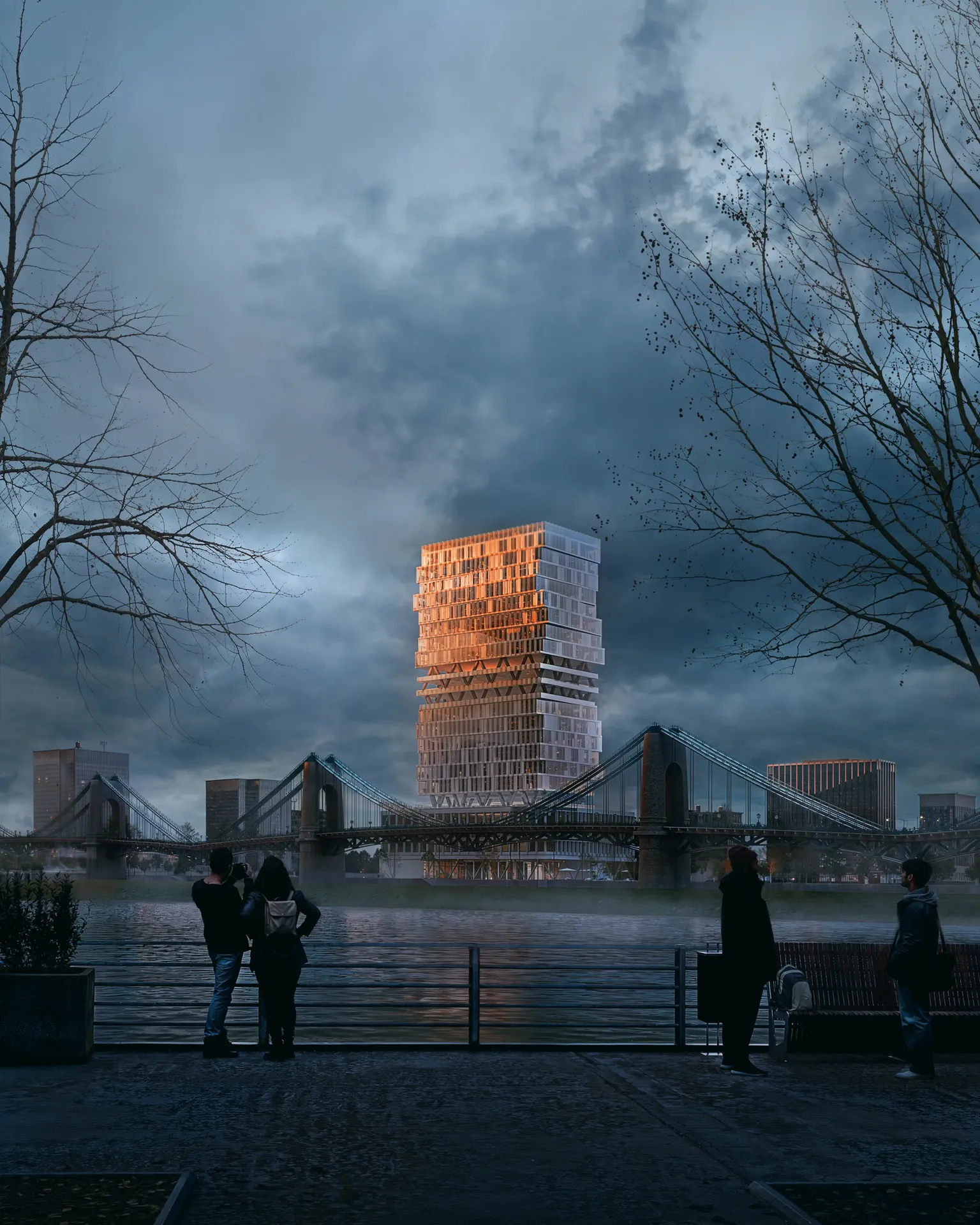 Vue spectaculaire après la pluie d'un gratte-ciel depuis une jetée fluviale, avec des rayons de soleil frappant la façade et des gens admirant l'horizon.