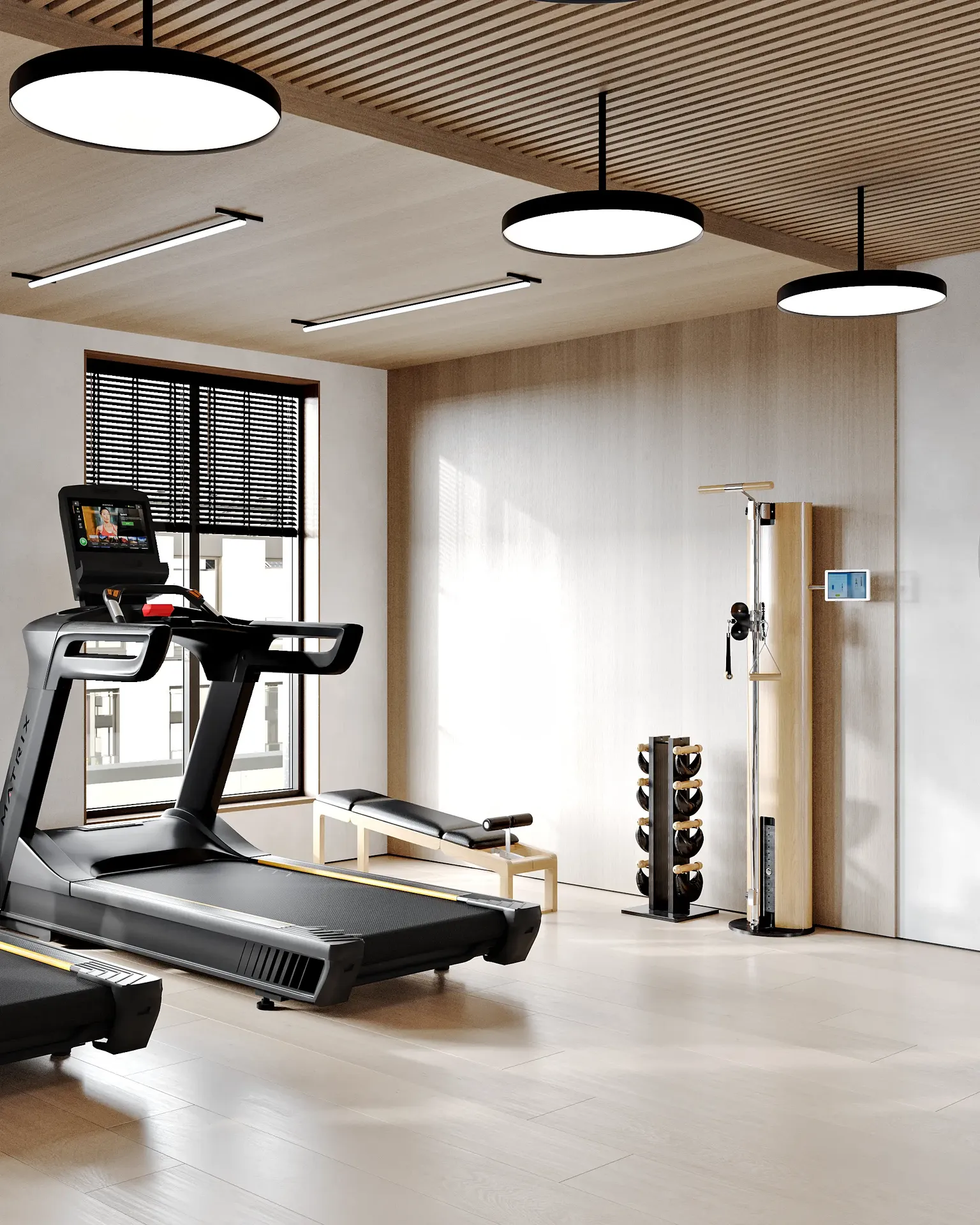 Cardio-Bereich im Fitnessstudio mit einer Reihe von Laufbändern und einem Rücken- und Armtrainingsgerät.