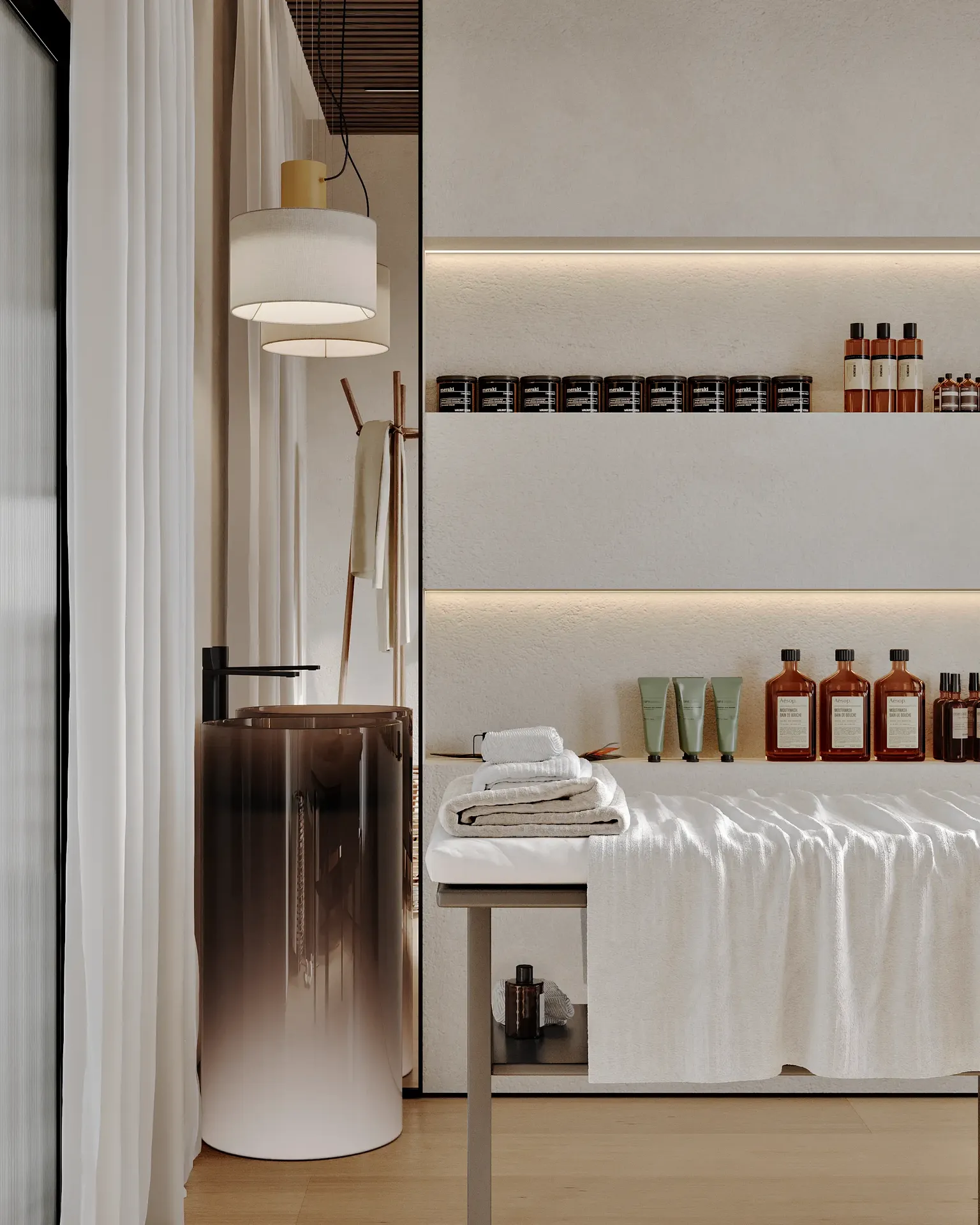 Sala de tratamientos de spa, que muestra la estación de lavado de manos con lavabo y estantes para productos.