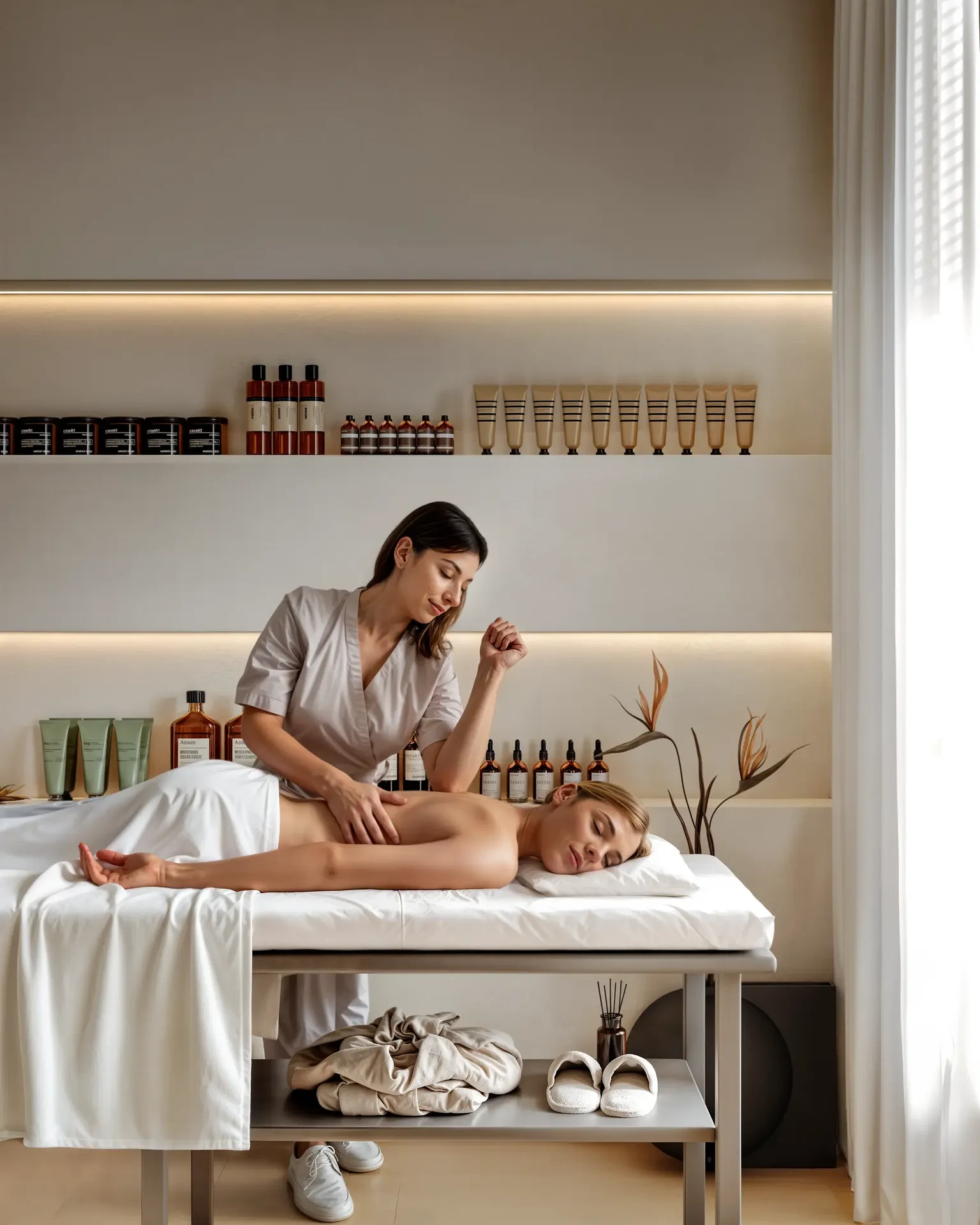 Mujer recibiendo un masaje relajante en una sala de tratamientos de spa profesional.