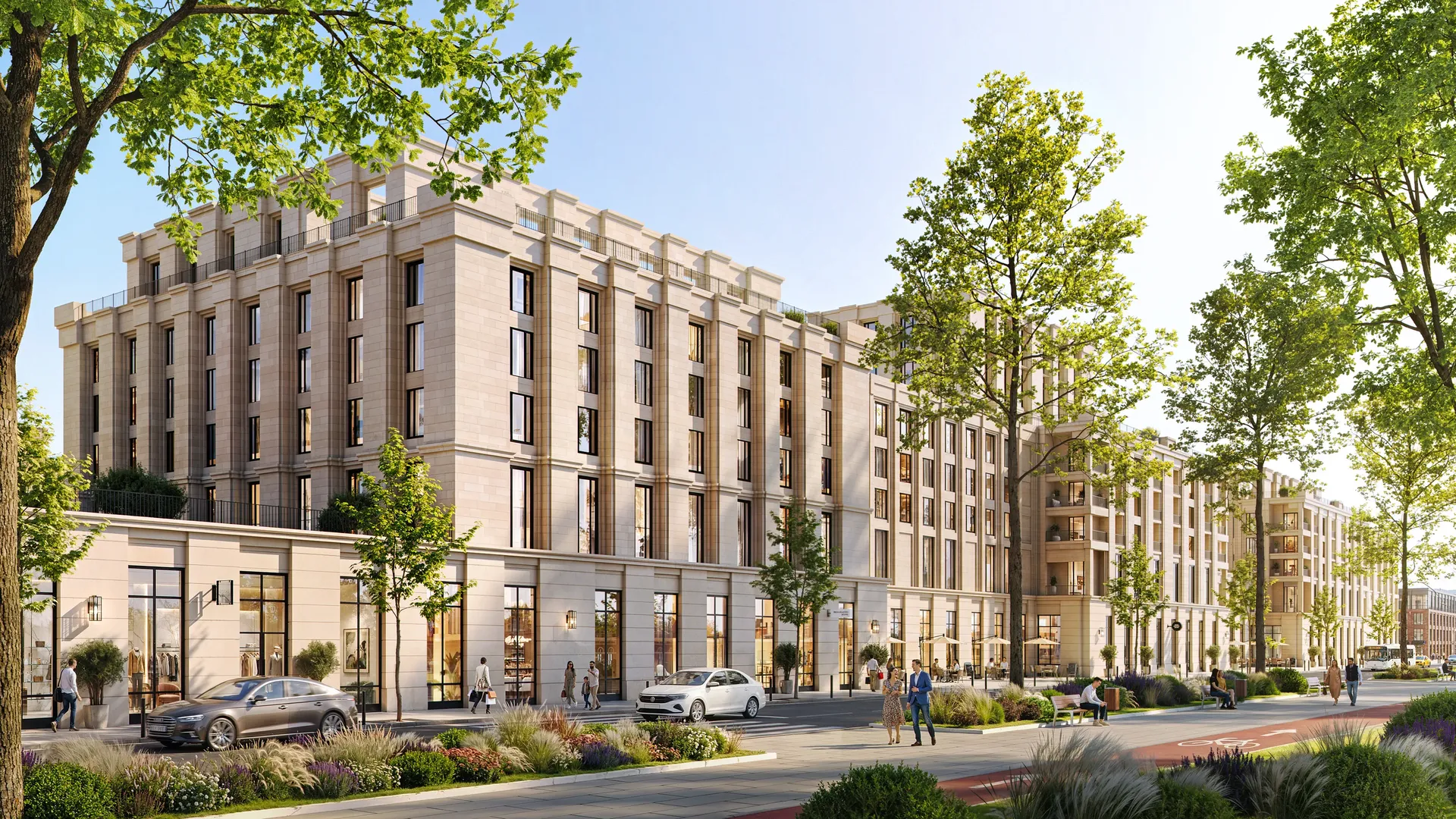 Vue générale des façades des bâtiments modernes.