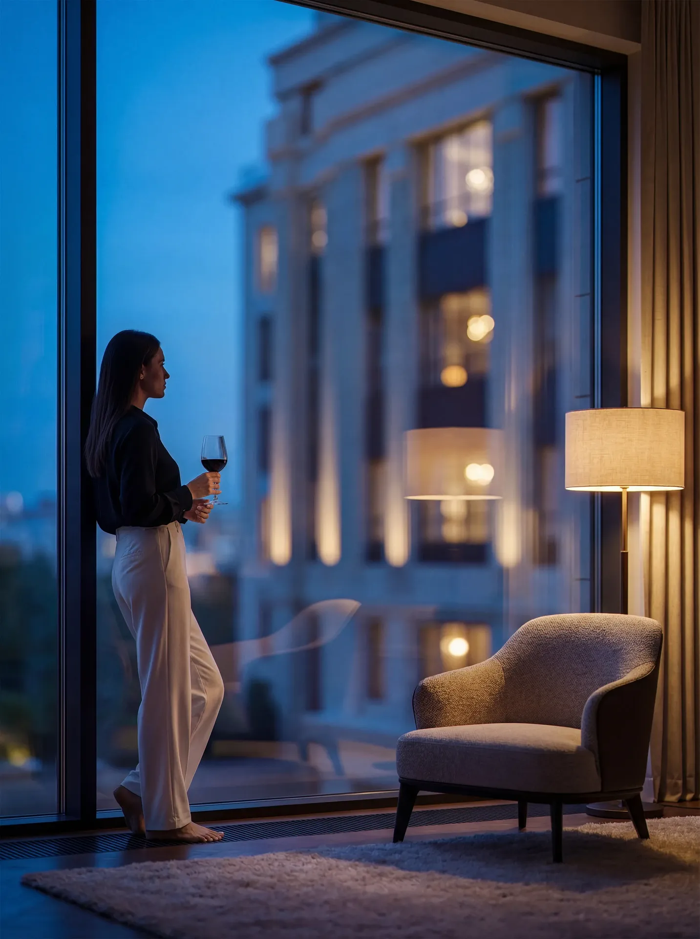 Femme buvant du vin près de la fenêtre près d'un fauteuil confortable et d'un lampadaire le soir.