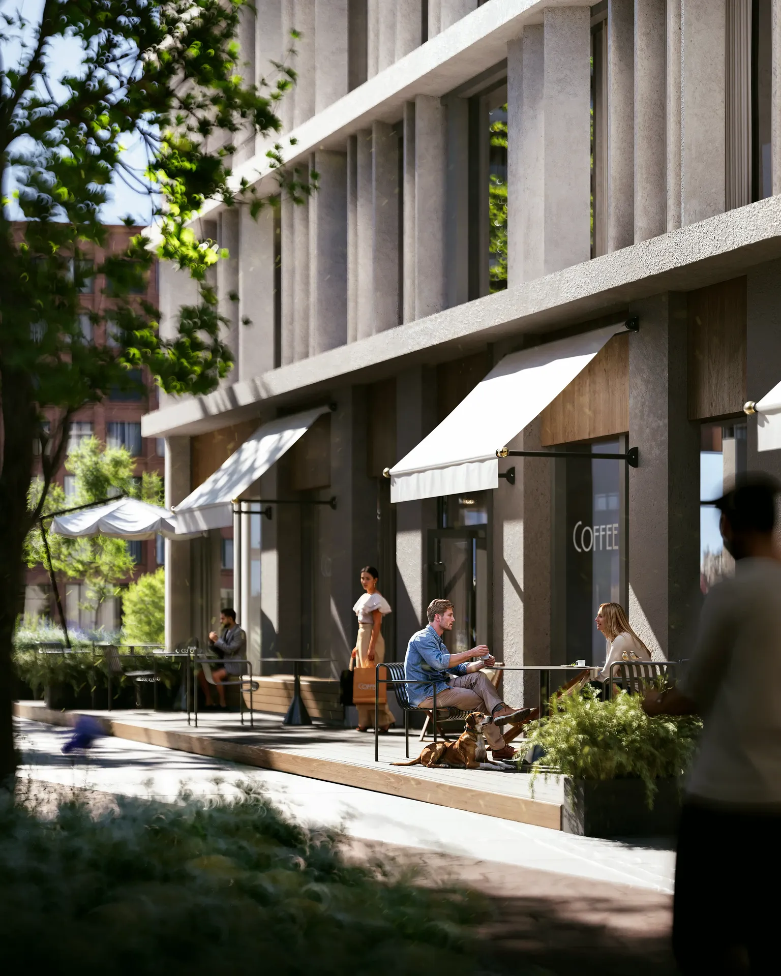 Terrasse extérieure ensoleillée d'un café moderne, avec tables et chaises par une journée chaude et ensoleillée.