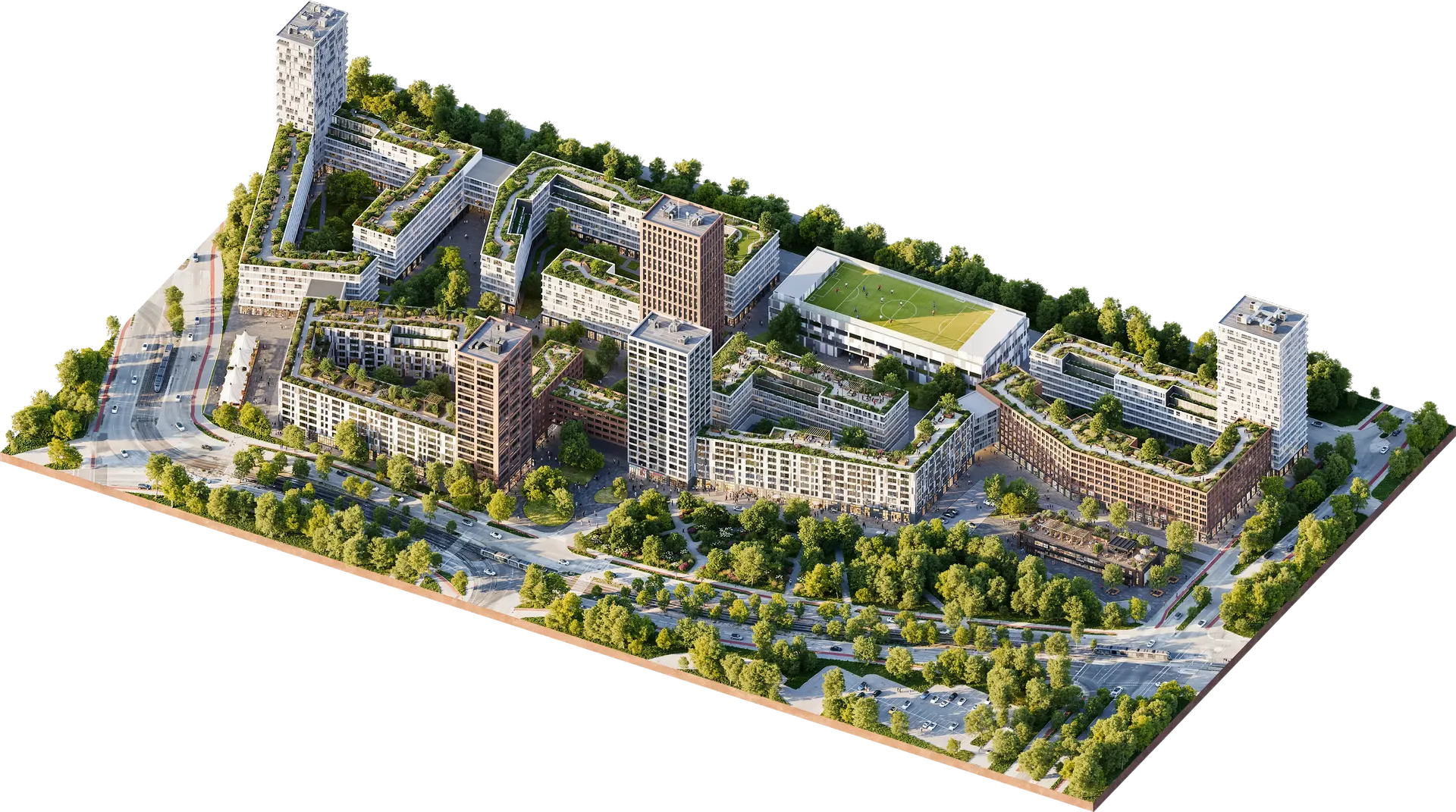 Vue aérienne d'un complexe résidentiel moderne, montrant le plan directeur architectural.
