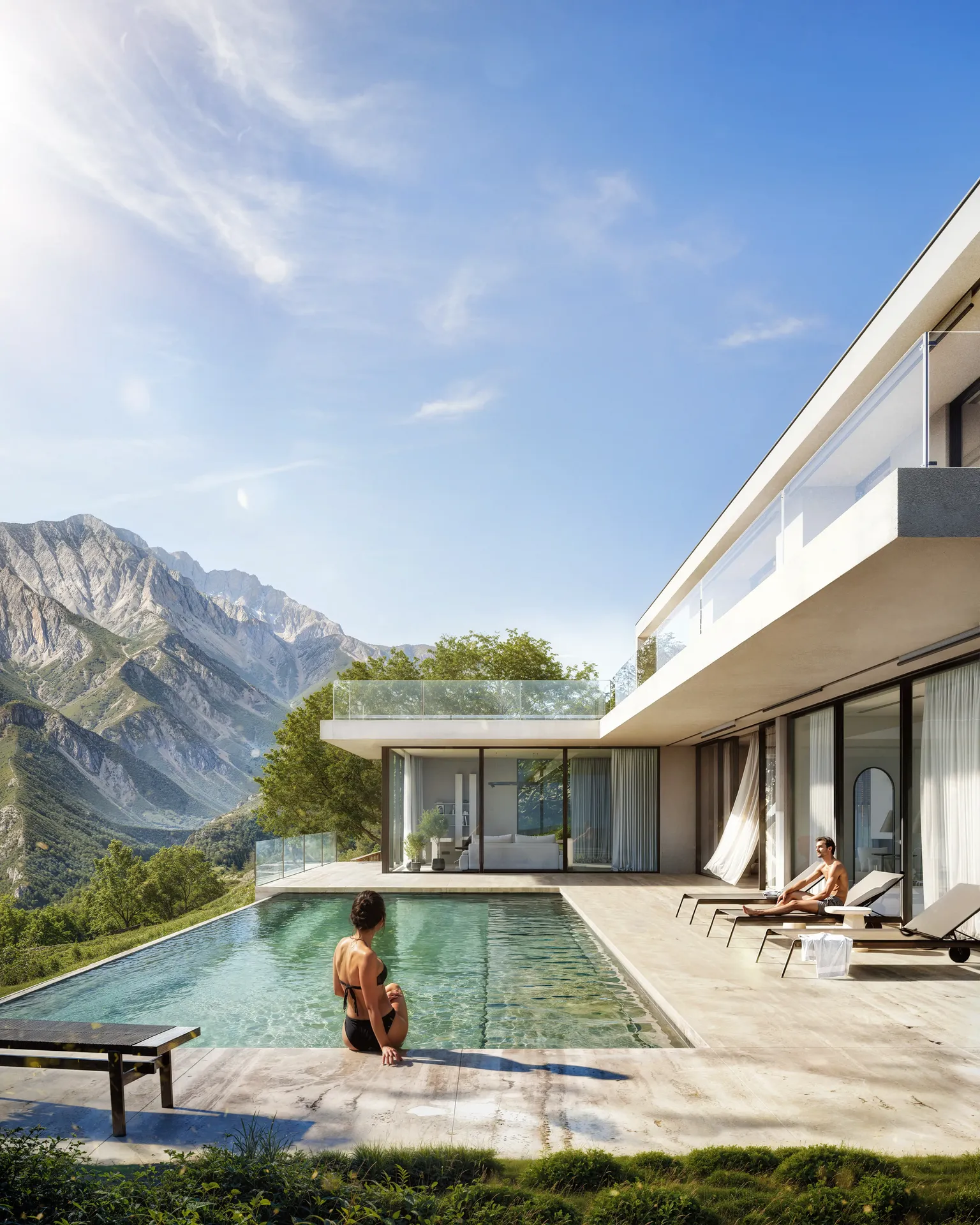 Les gens se détendent au bord de la piscine étincelante d'une luxueuse villa moderne.