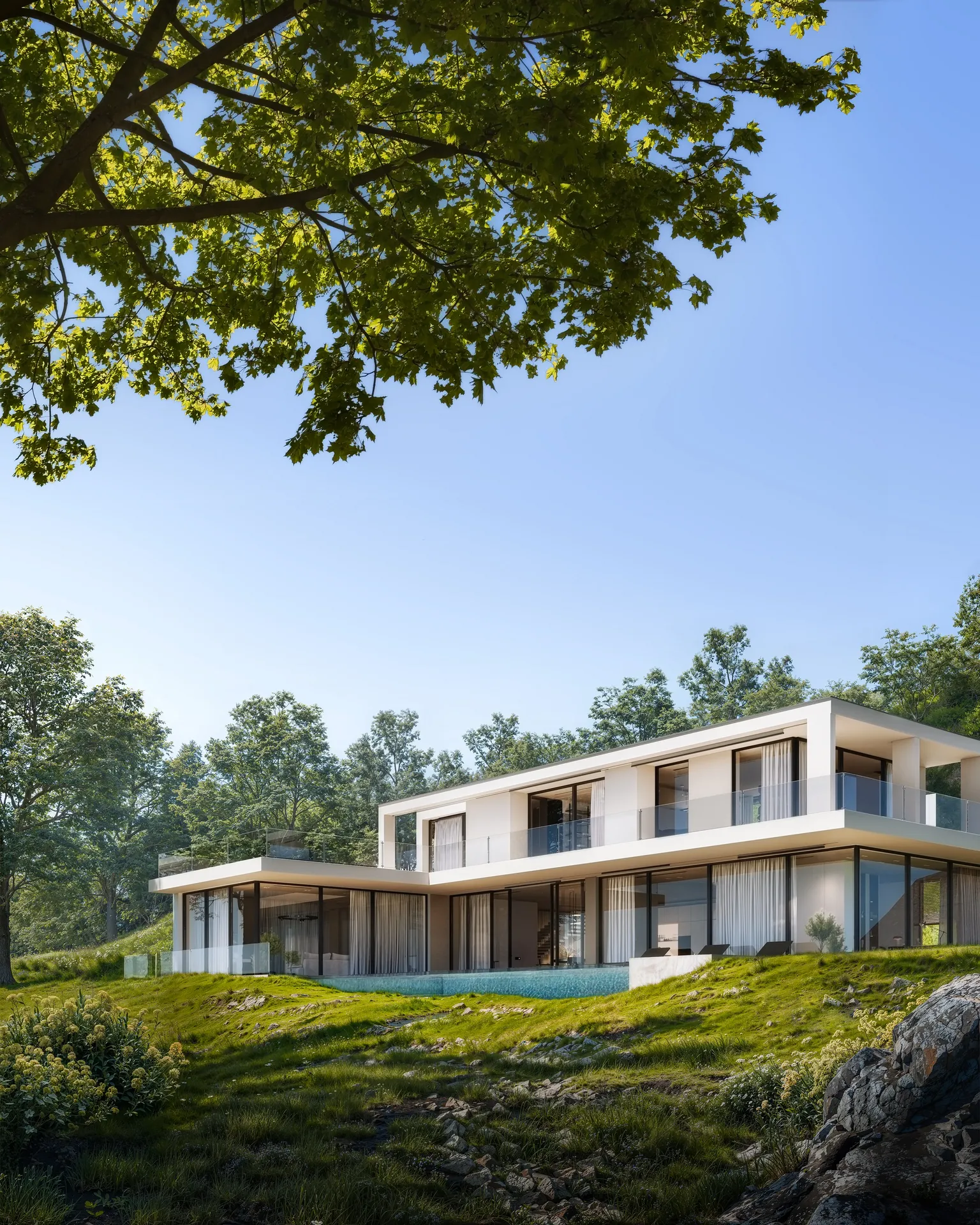Luxueuse villa moderne avec une vaste piscine, présentée sous un angle d'angle extérieur.
