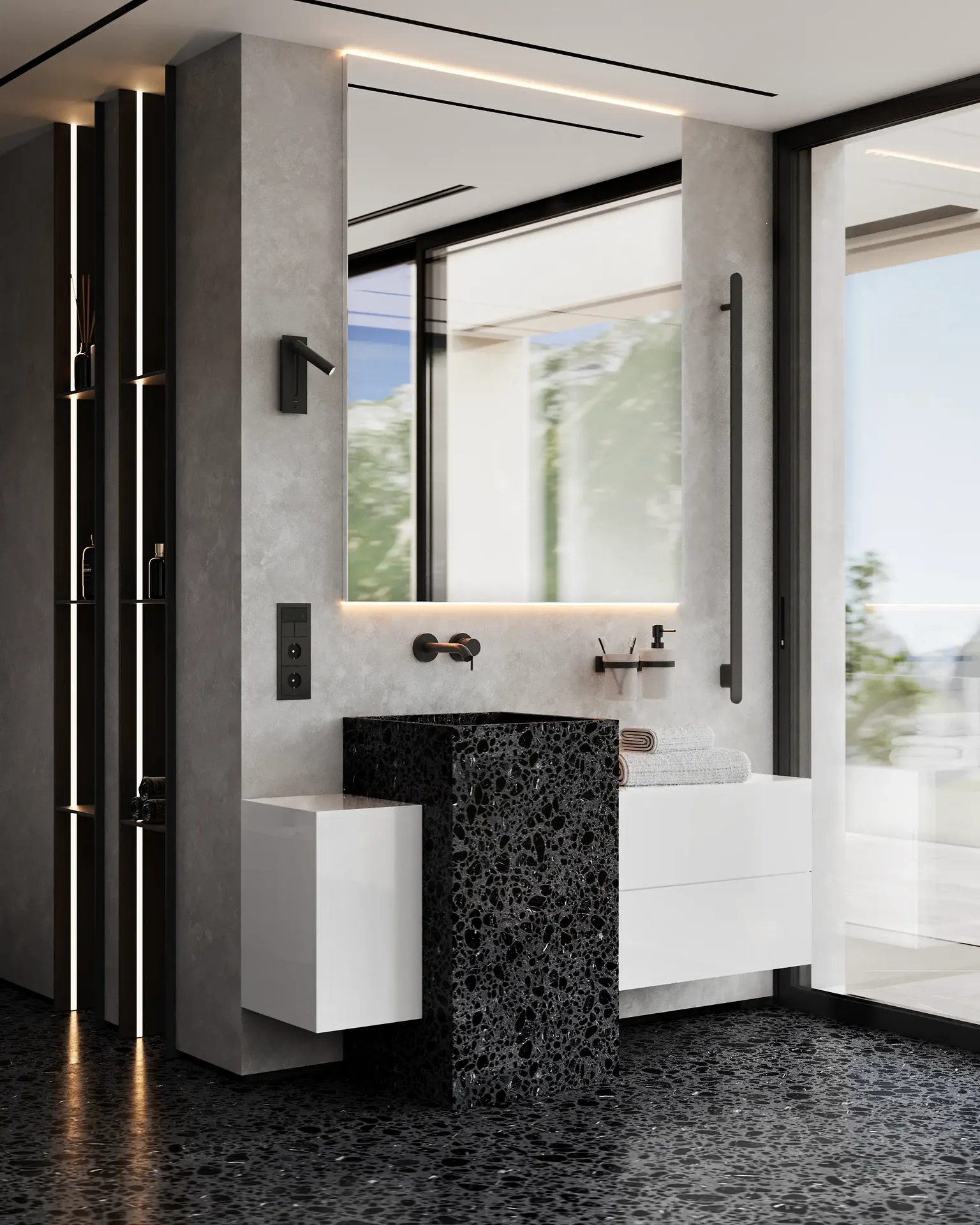 Vanité de salle de bain moderne avec un grand miroir et des niches intégrées éclairées pour les cosmétiques.