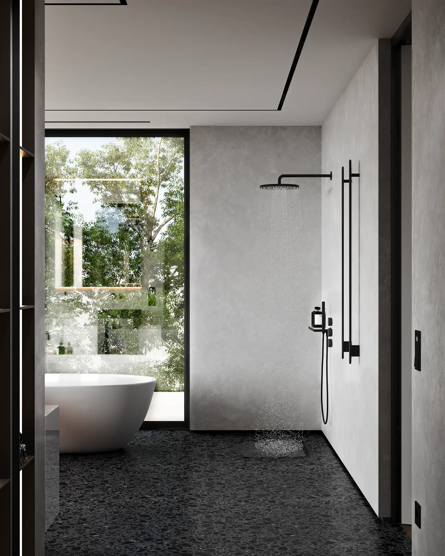 Vue de l'intérieur d'une salle de bain moderne, montrant la douche vitrée à l'italienne et la baignoire autoportante.