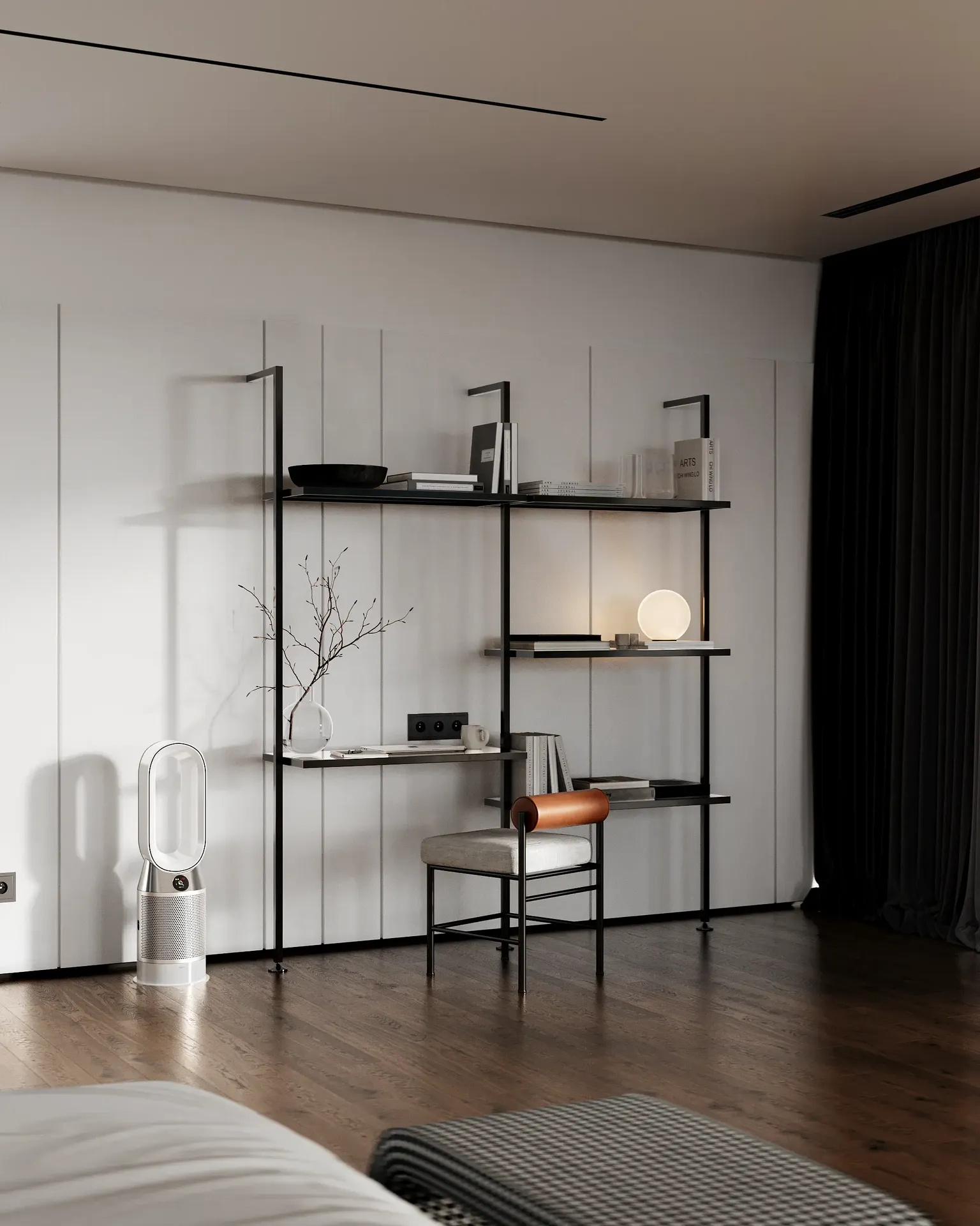 Espace de travail minimaliste dans une chambre moderne, doté d'un bureau élégant et d'étagères murales intégrées.