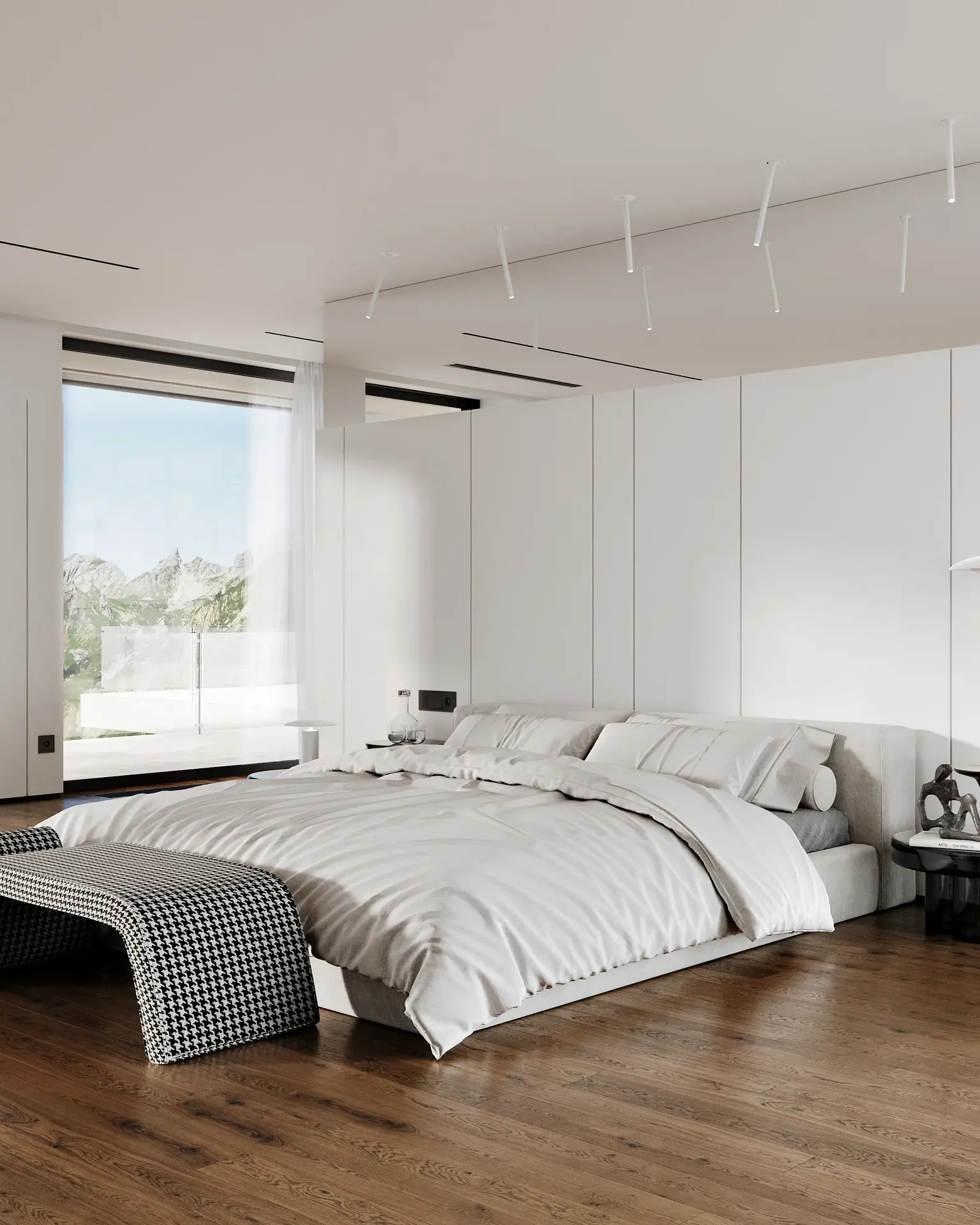 Chambre moderne, lumineuse et ensoleillée, se concentrant sur un lit serein et élégant.