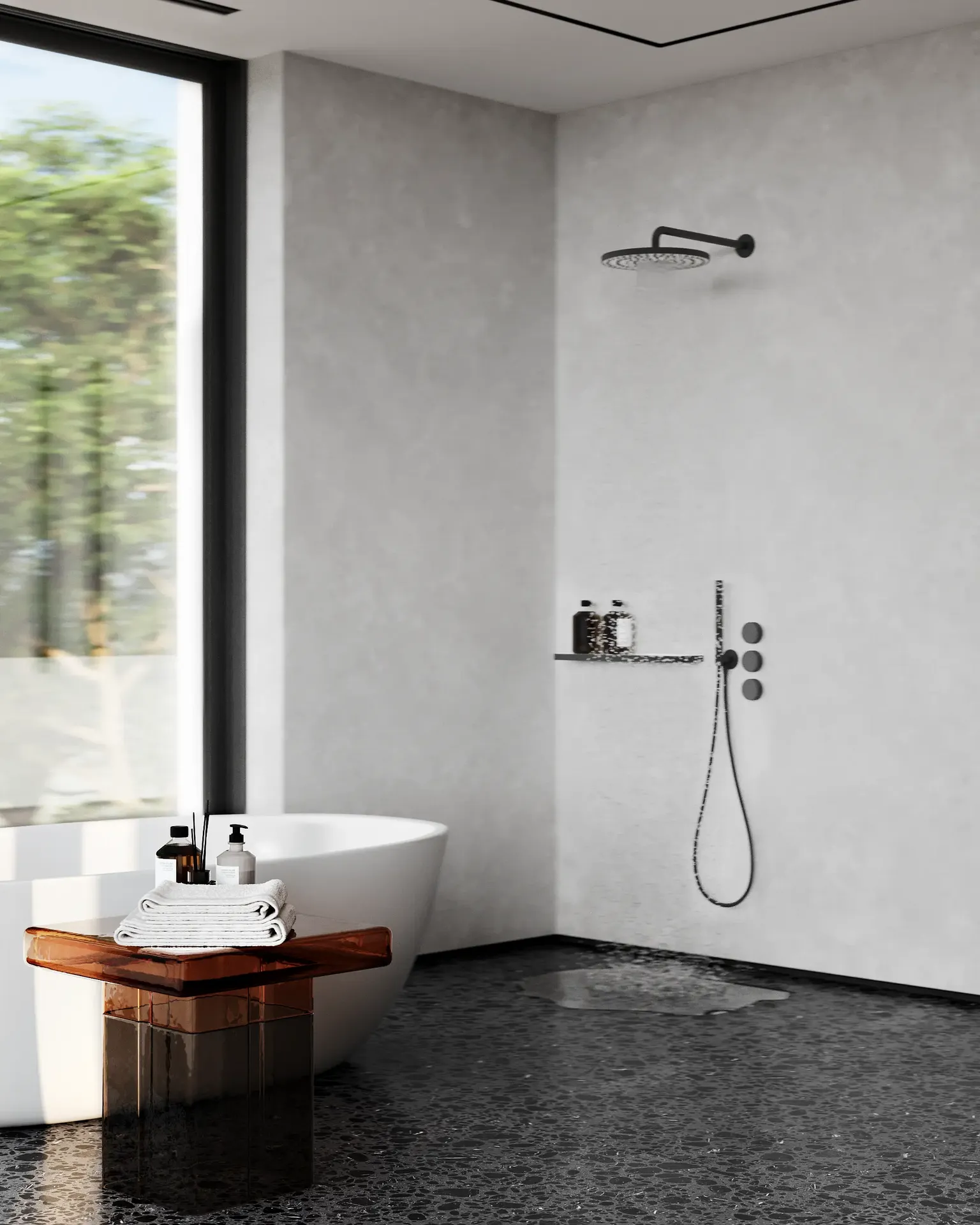 Vue en coin d'une salle de bain spacieuse et moderne, mettant en valeur la baignoire autoportante et la douche à l'italienne.