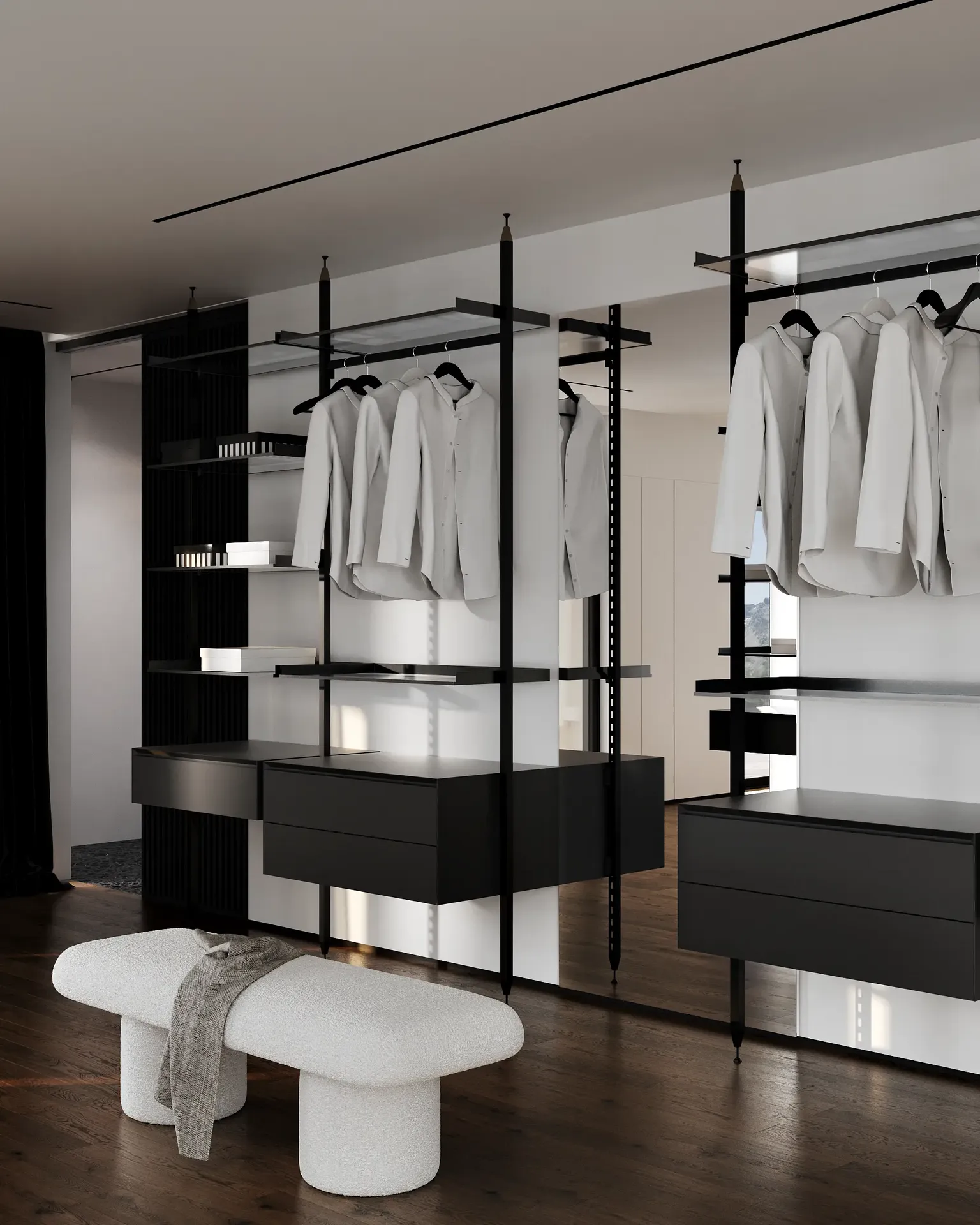Dressing personnalisé organisé avec tiroirs, tringles à suspendre et étagères pour vêtements et chaussures.