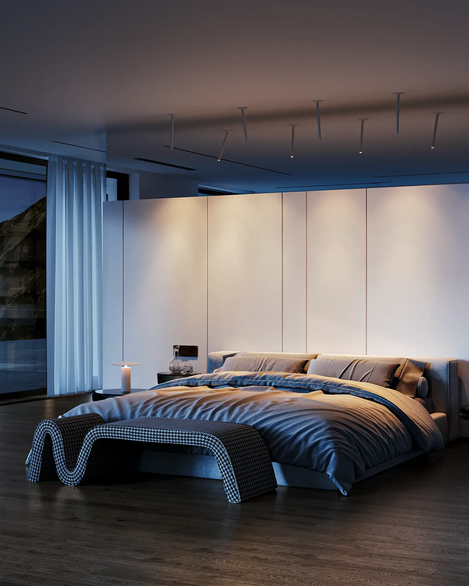 Vue atmosphérique en soirée d'une chambre moderne, mêlant lumière naturelle fraîche et éclairage intérieur chaleureux.
