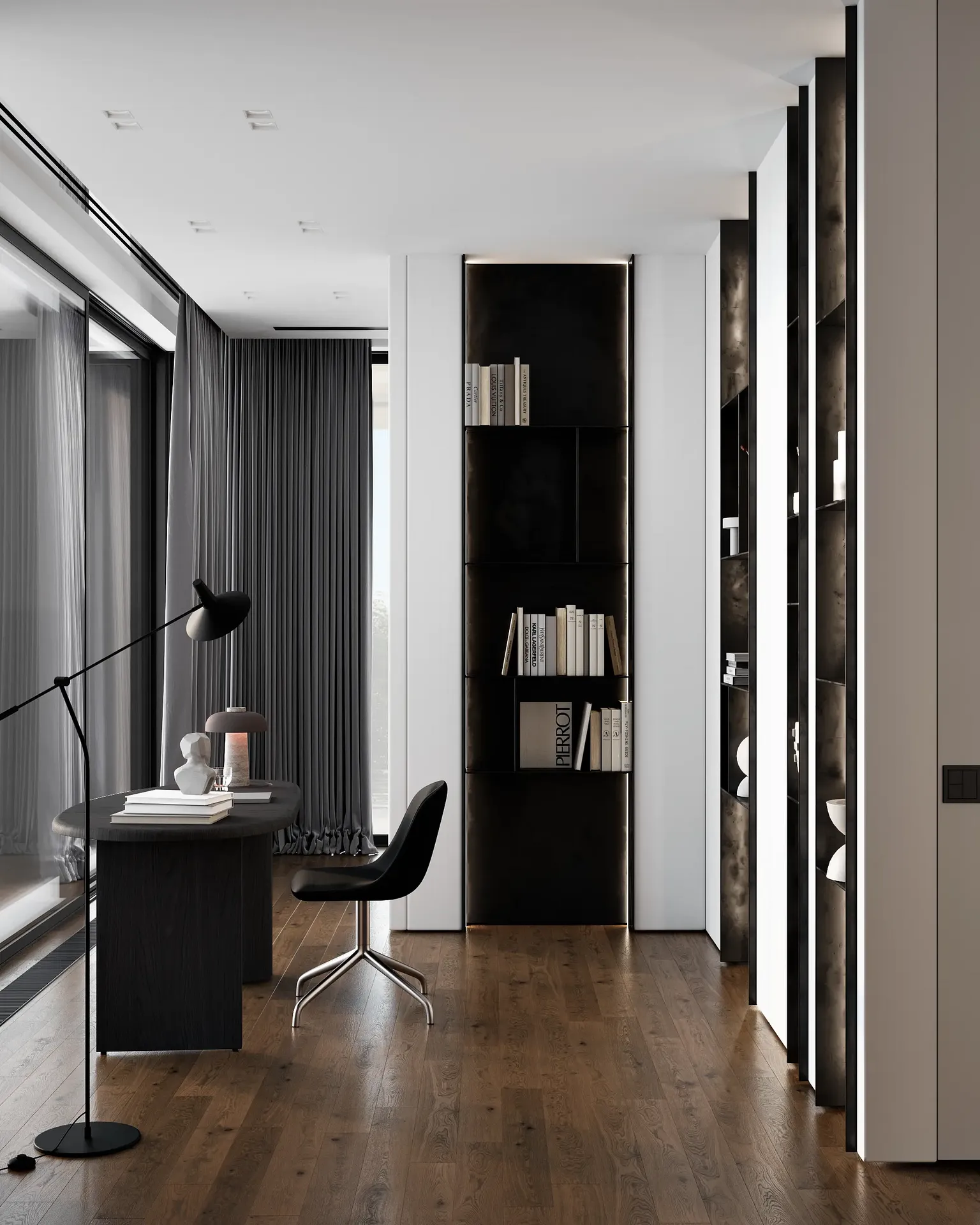 Bureau à domicile moderne et lumineux comprenant un bureau près de la fenêtre, des étagères minimalistes et un lampadaire.