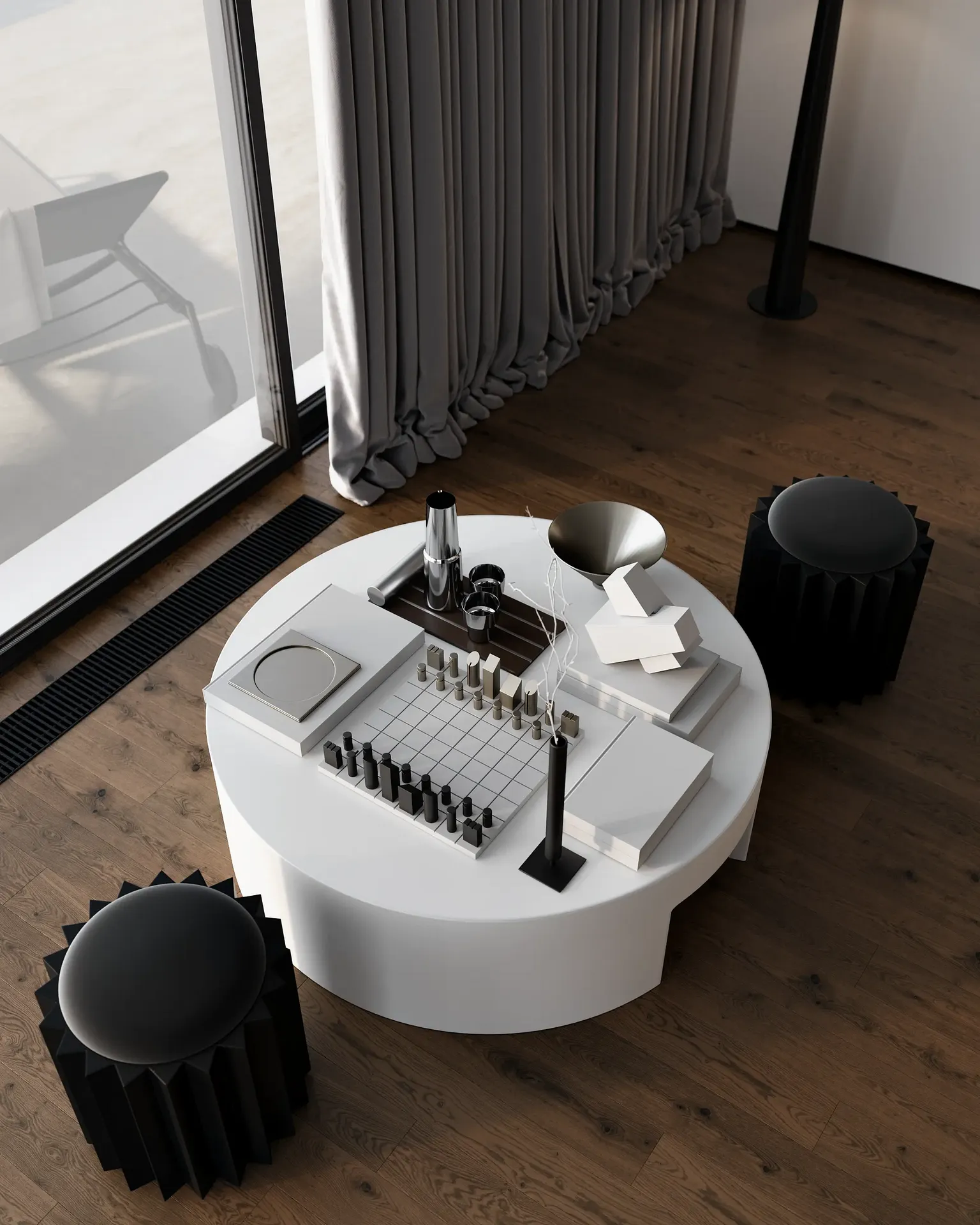 Vue de haut en bas d'une table basse moderne, avec un jeu d'échecs élégant comme pièce maîtresse.