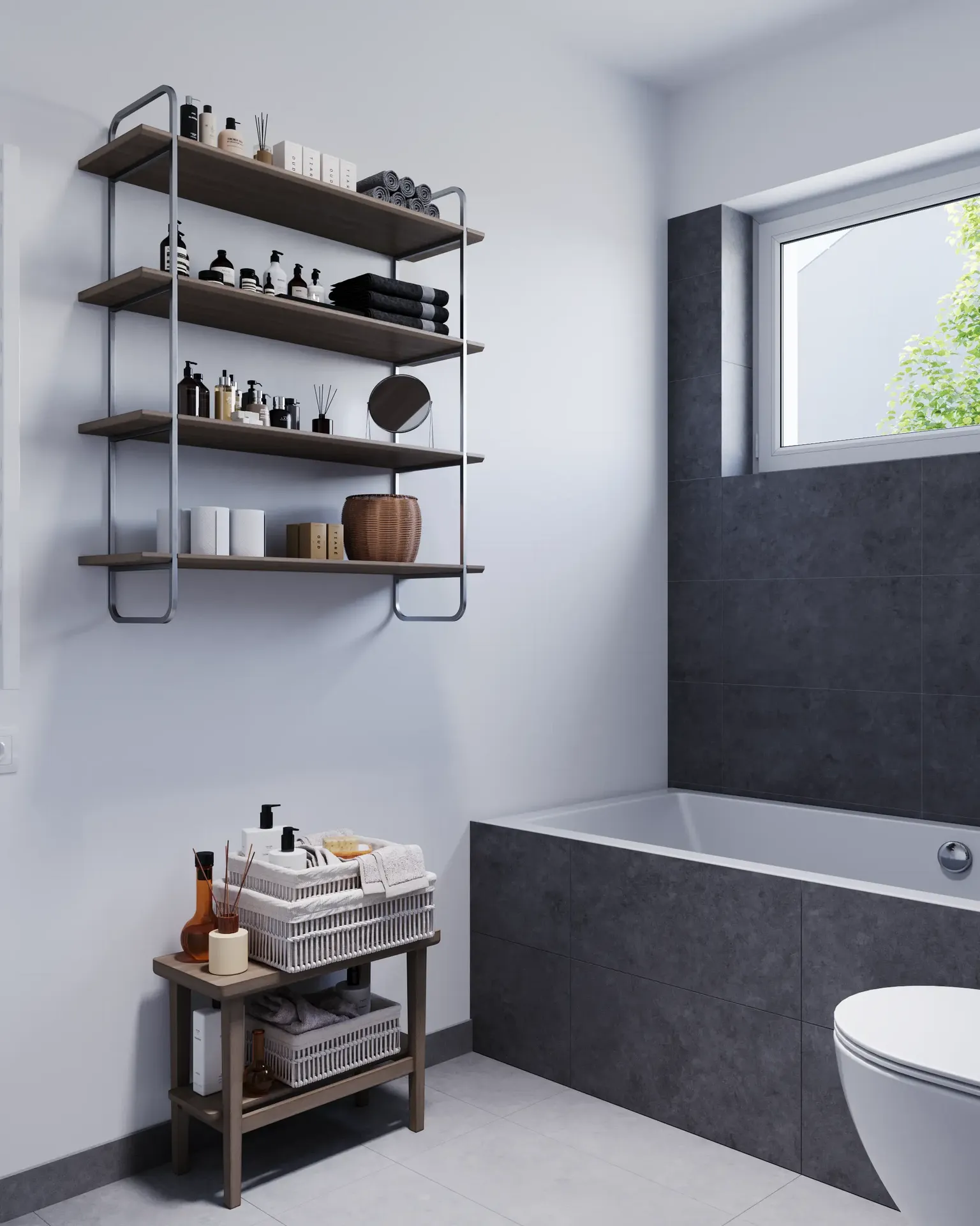 Rangement de salle de bain en angle avec étagères et table de maquillage.