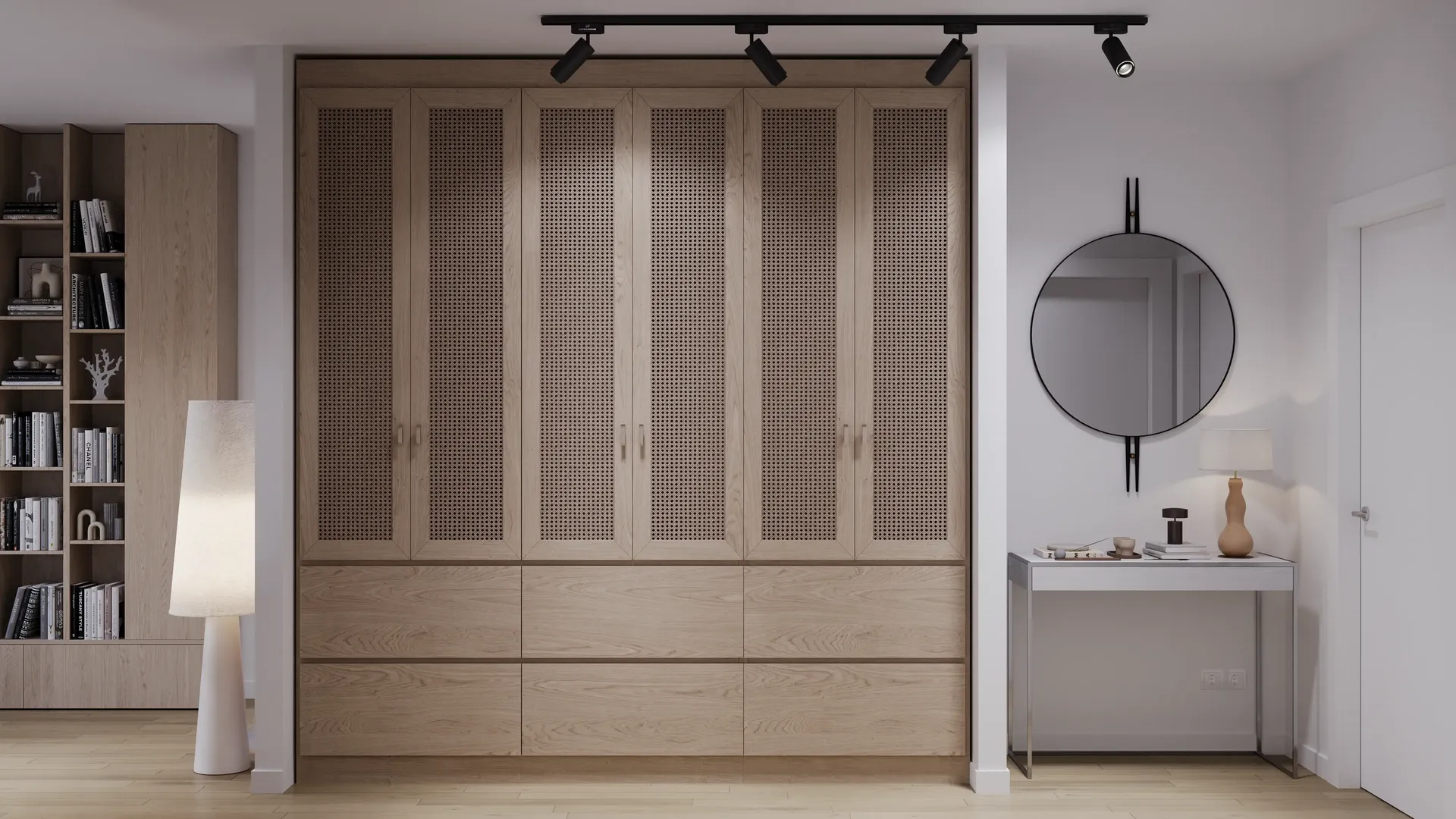 Vue de face d'une armoire et d'une console avec miroir.