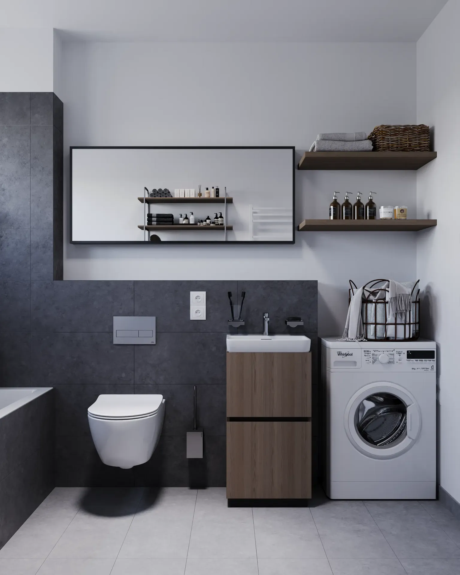 Vue de face d'un évier, d'un lave-linge, de rangements et de toilettes.