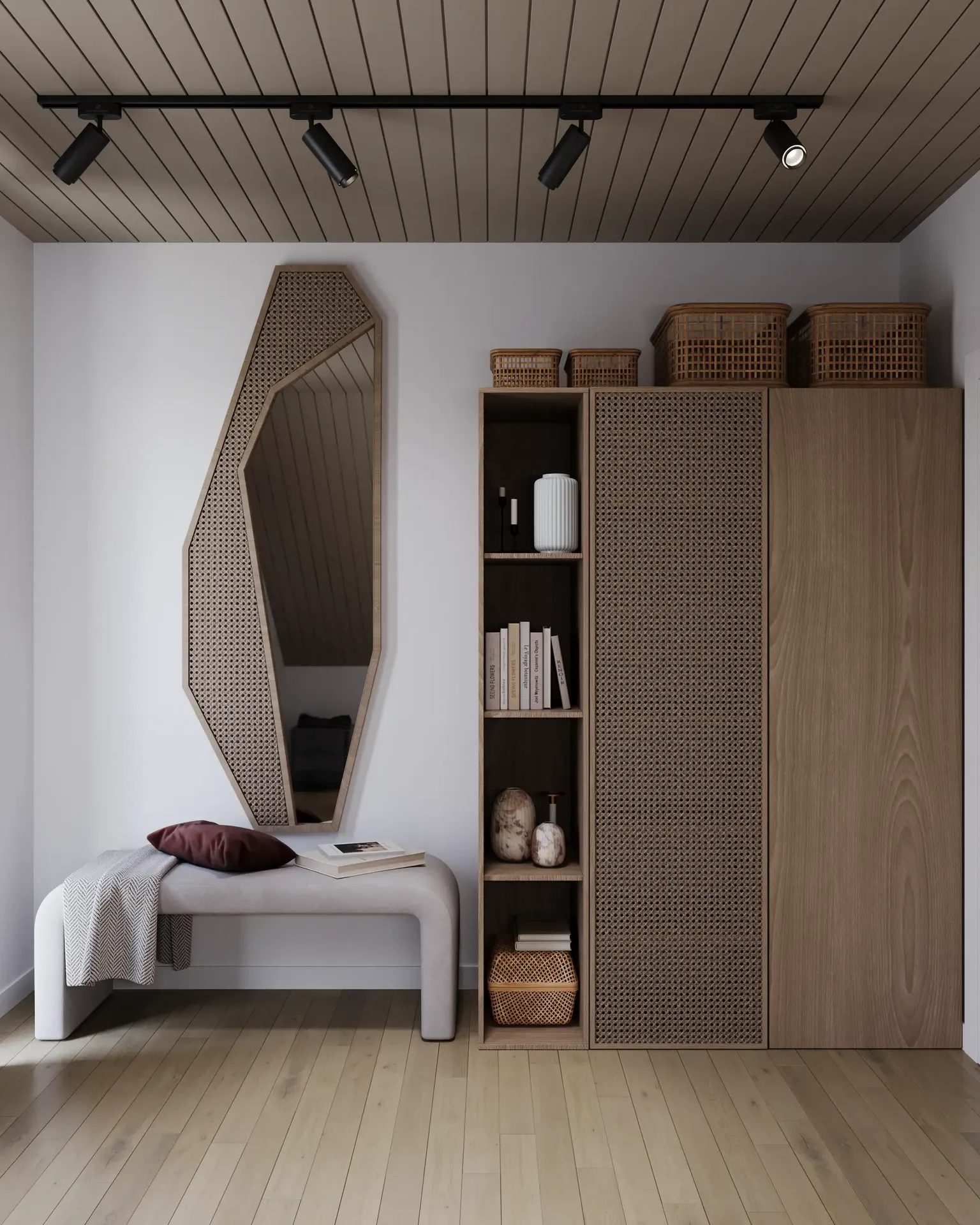 Vue de face d'une armoire, d'un banc et d'un miroir.