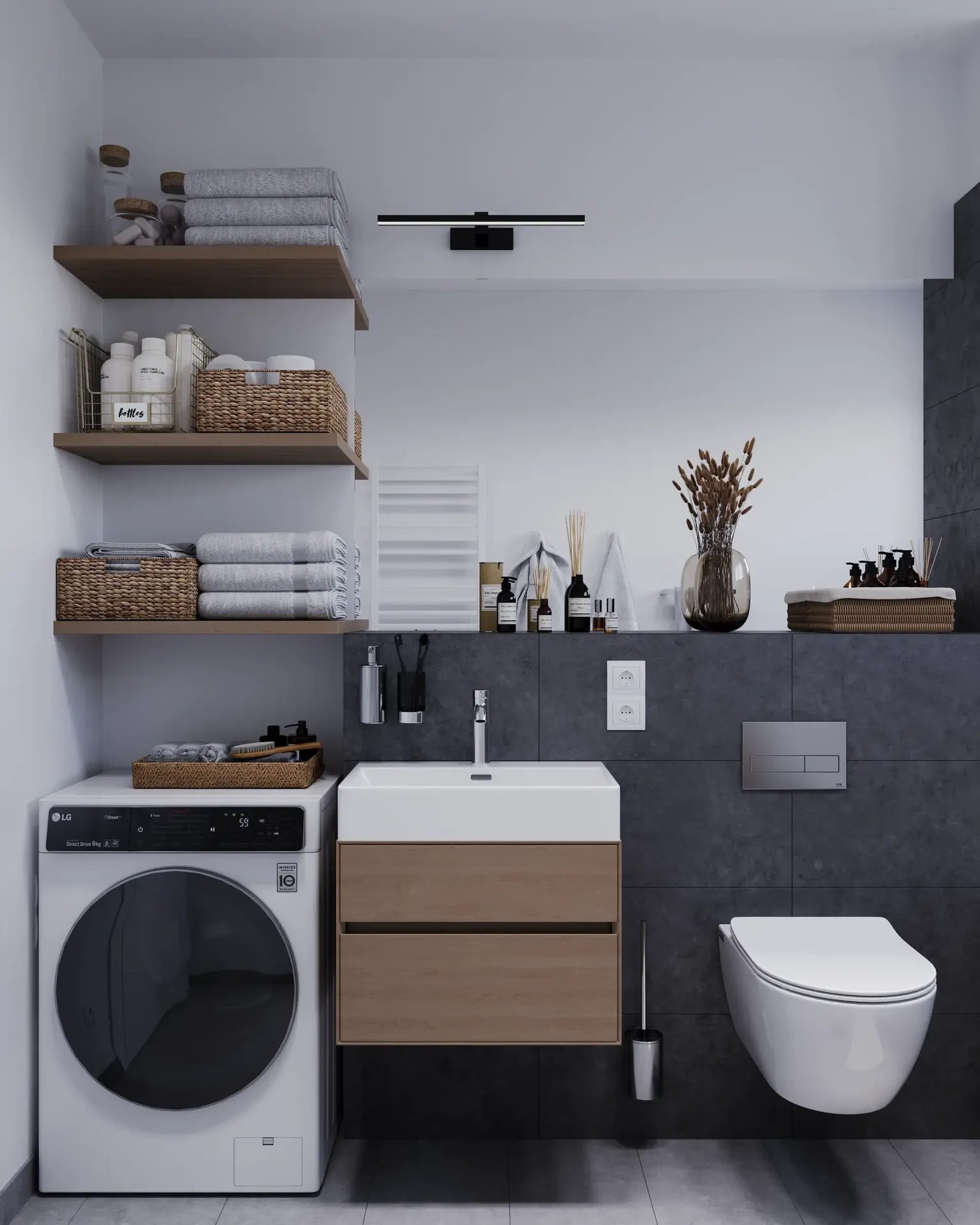 Vue de face d'un évier, d'un lave-linge, de rangements et de toilettes.