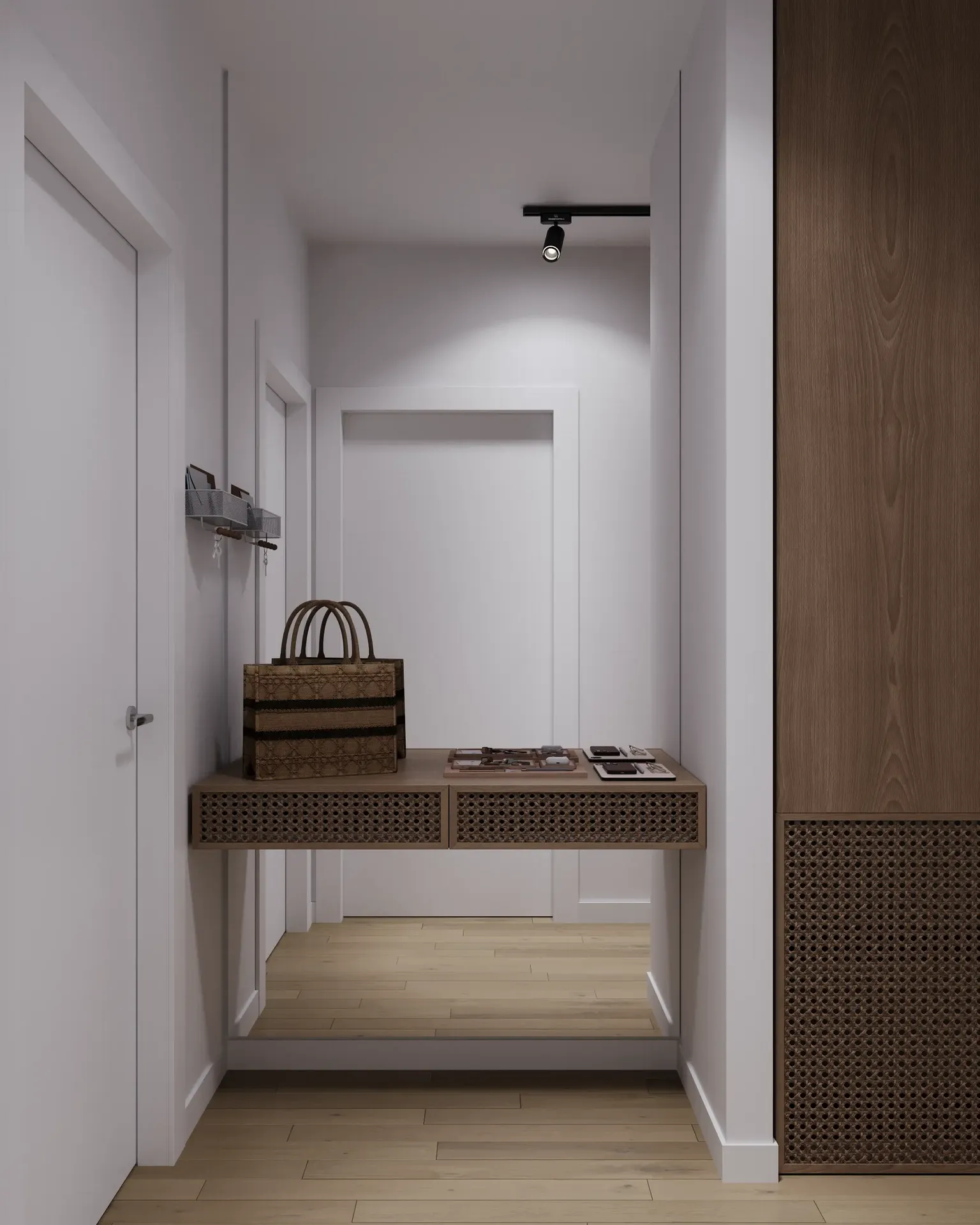 Table console avec miroir dans le couloir.